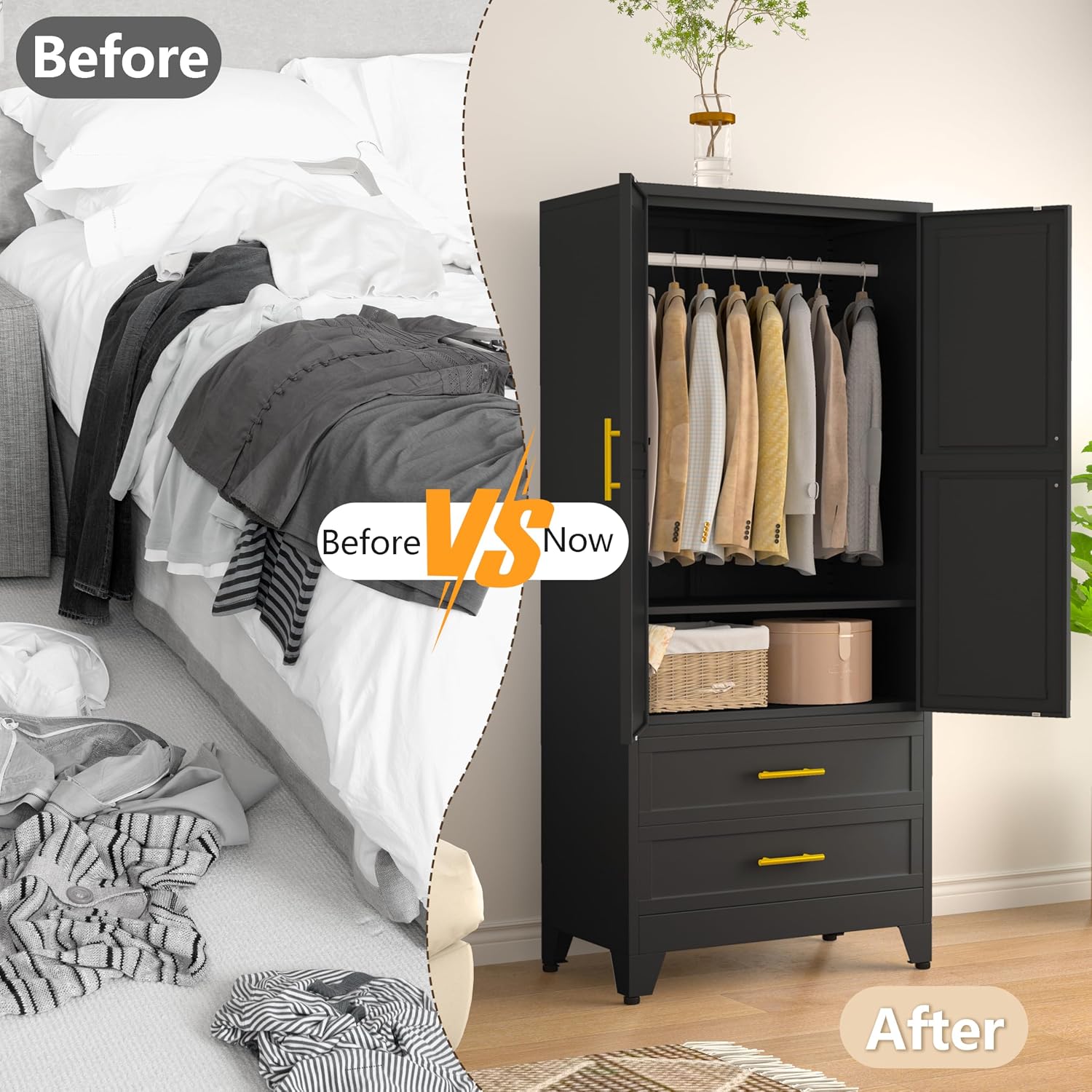 Metal Armoire Wardrobe Closet Storage Cabinet with Hanging Rod,71'' Metal Wardrobe Cabinet with 2 Drawers and Adjustable Shelf,2 Doors for Bedroom, Laundry Room, Cloak Room