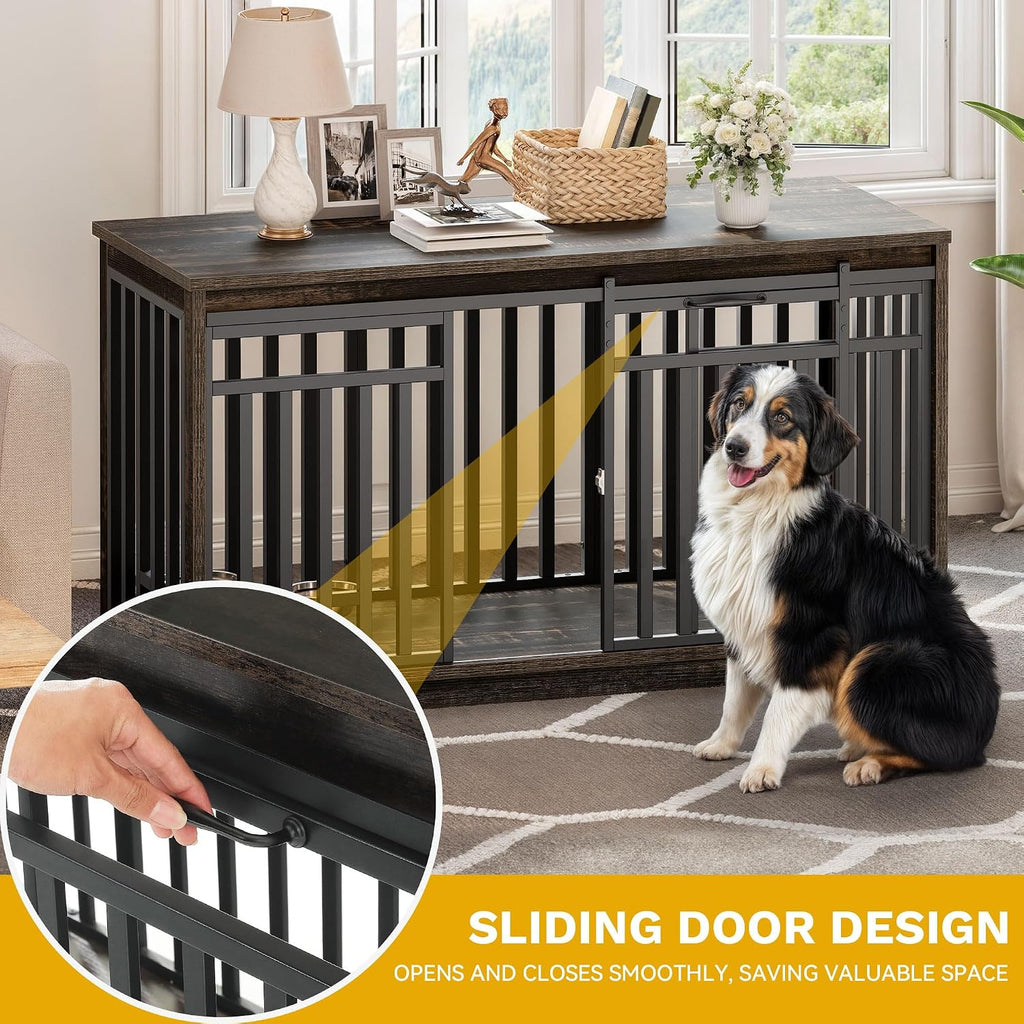 DWVO 55' Extra Large Dog Crate Furniture, Heavy Duty Metal Dog Kennel TV Stand with Sliding Door, Wooden Dog Cage Table with Dog Bowl for Extra Large Medium Dogs or 2 Small Dogs Black Oak