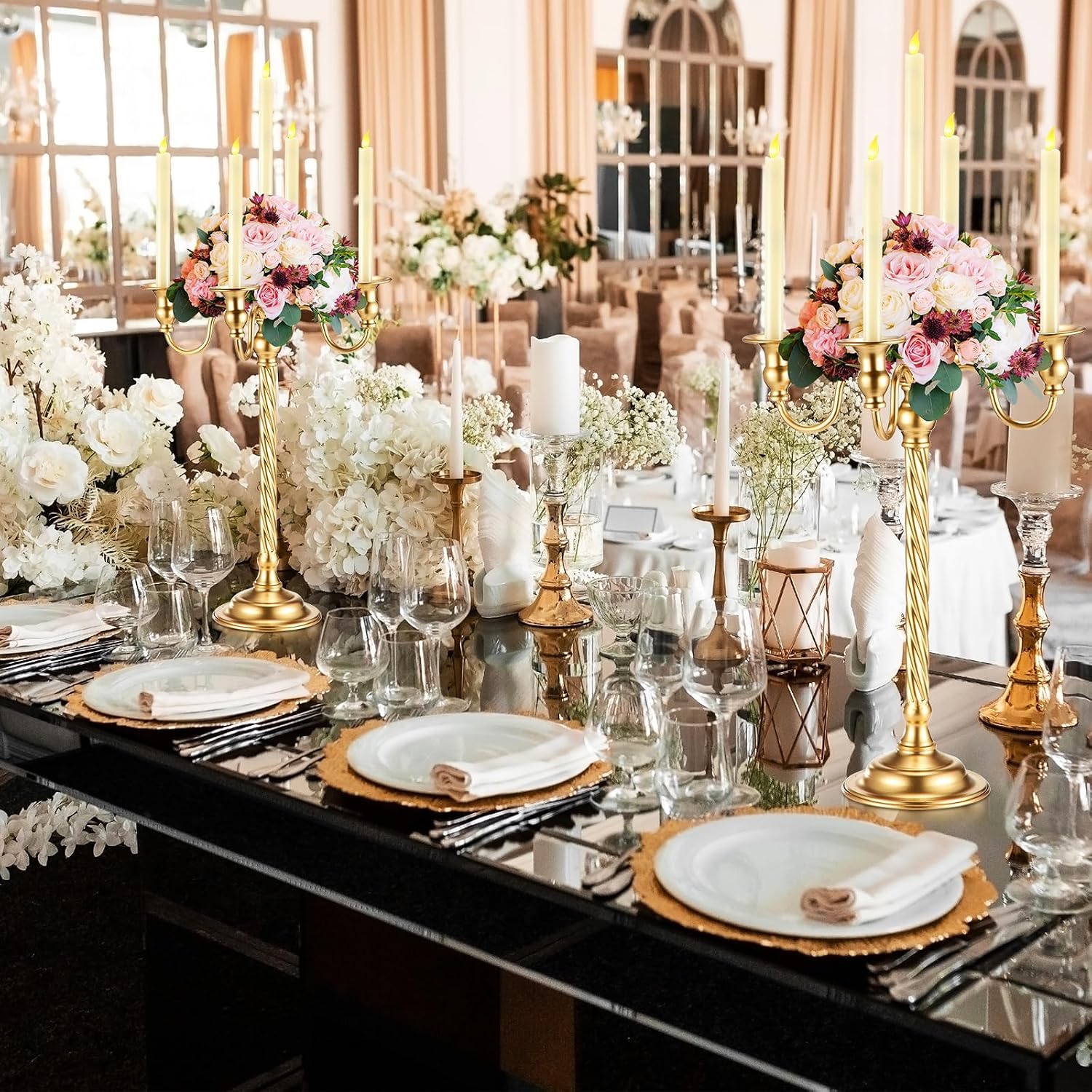 Tanlade 6 Pack Wedding Gold Candelabra Table Centerpieces 21 Inch Tall Candelabra Metal Candle Holder 5 Arm Taper Candlestick Flower Floor Candle Stand for Anniversaries Easter Birthday Holiday Party