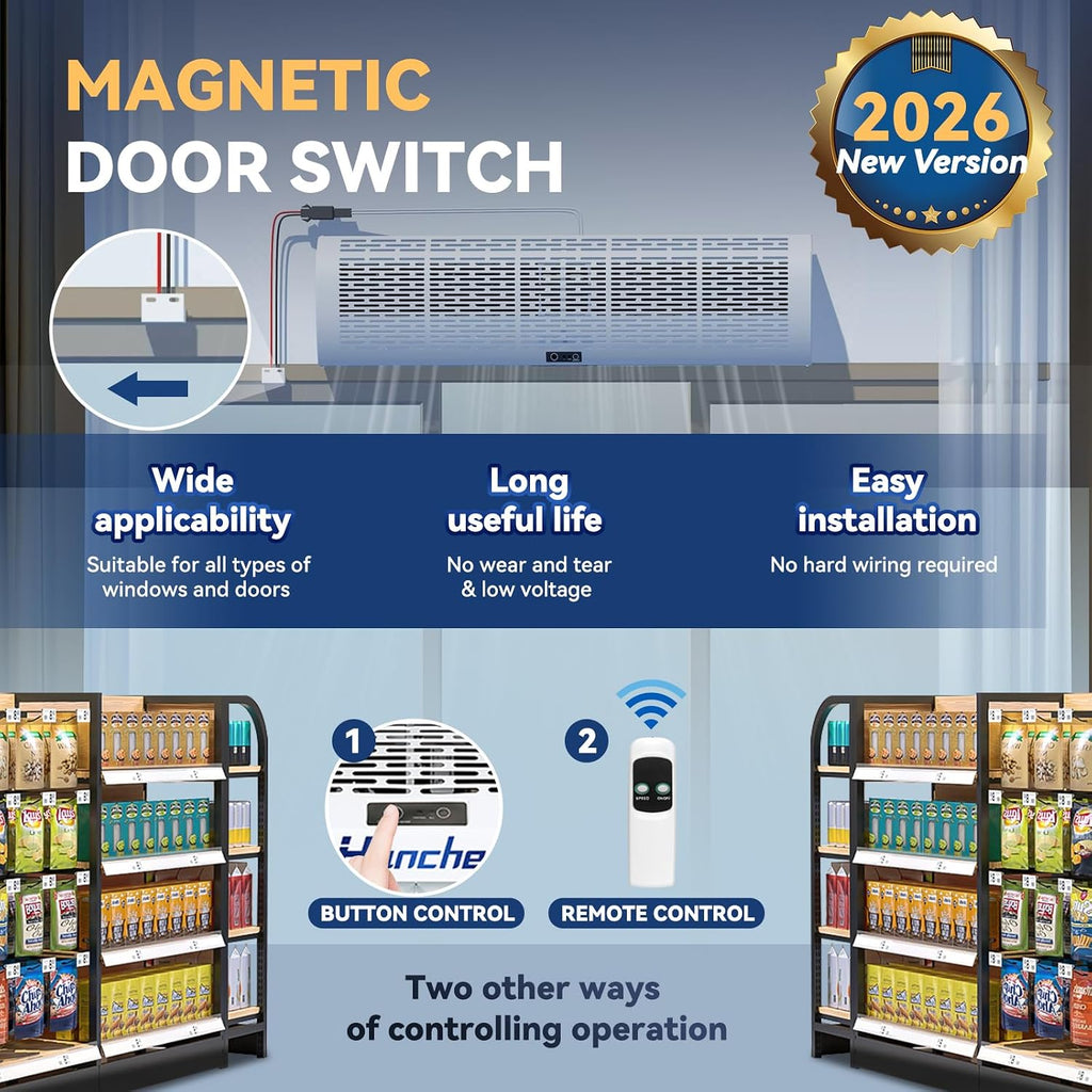 Hanchen 36 Inch Air Curtain 【2026 NEW VERSION】 Magnetic Door Switch 2 Speeds 1527/1292 CFM Uncooled&Unheated Remote Control Super Power Commercial Indoor Heavy Duty Air Door Fan 110V