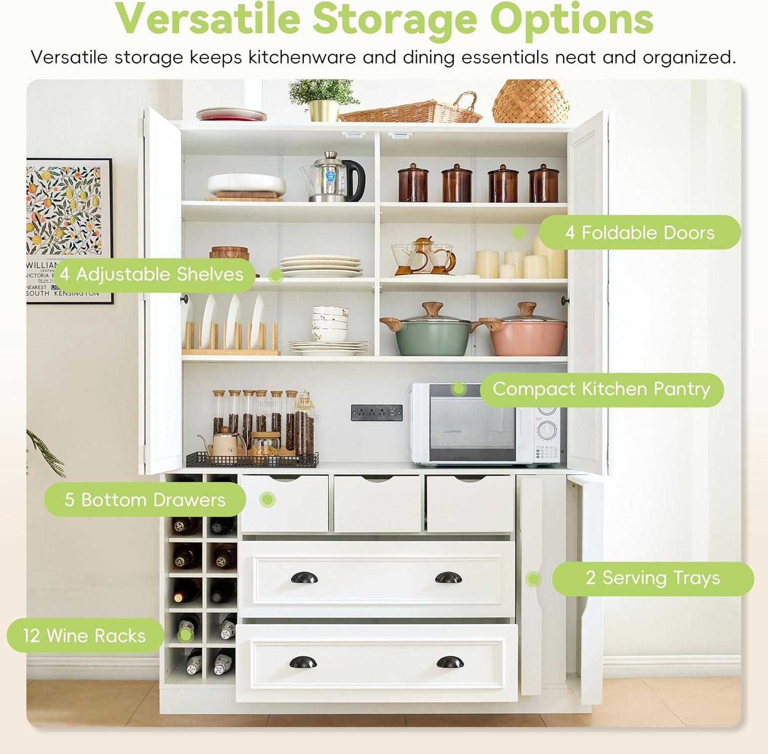 Farmhouse 71''H Large Kitchen Pantry, 53.2''Lx17.7''W Wood Dining Storage Cabinet Cupboard with 4 Foldable Doors, Power Outlet, Shelves, Wine Racks and Serving Trays (White-Fold D)