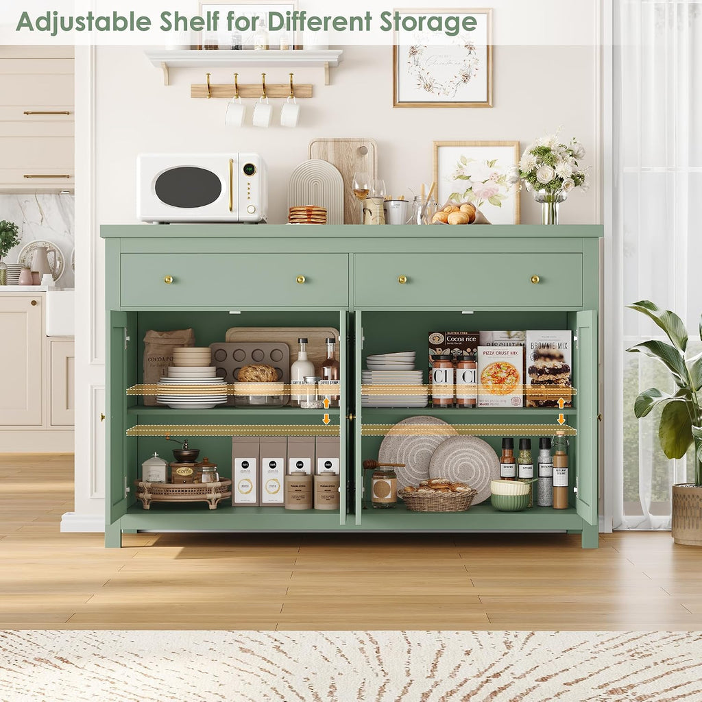 FOTOSOK Sideboard Buffet Cabinet with Storage, 55' Large Kitchen Storage Cabinet with 2 Drawers and 4 Doors, Wood Coffee Bar Buffet Table Console Table for Kitchen Dining Room, Green