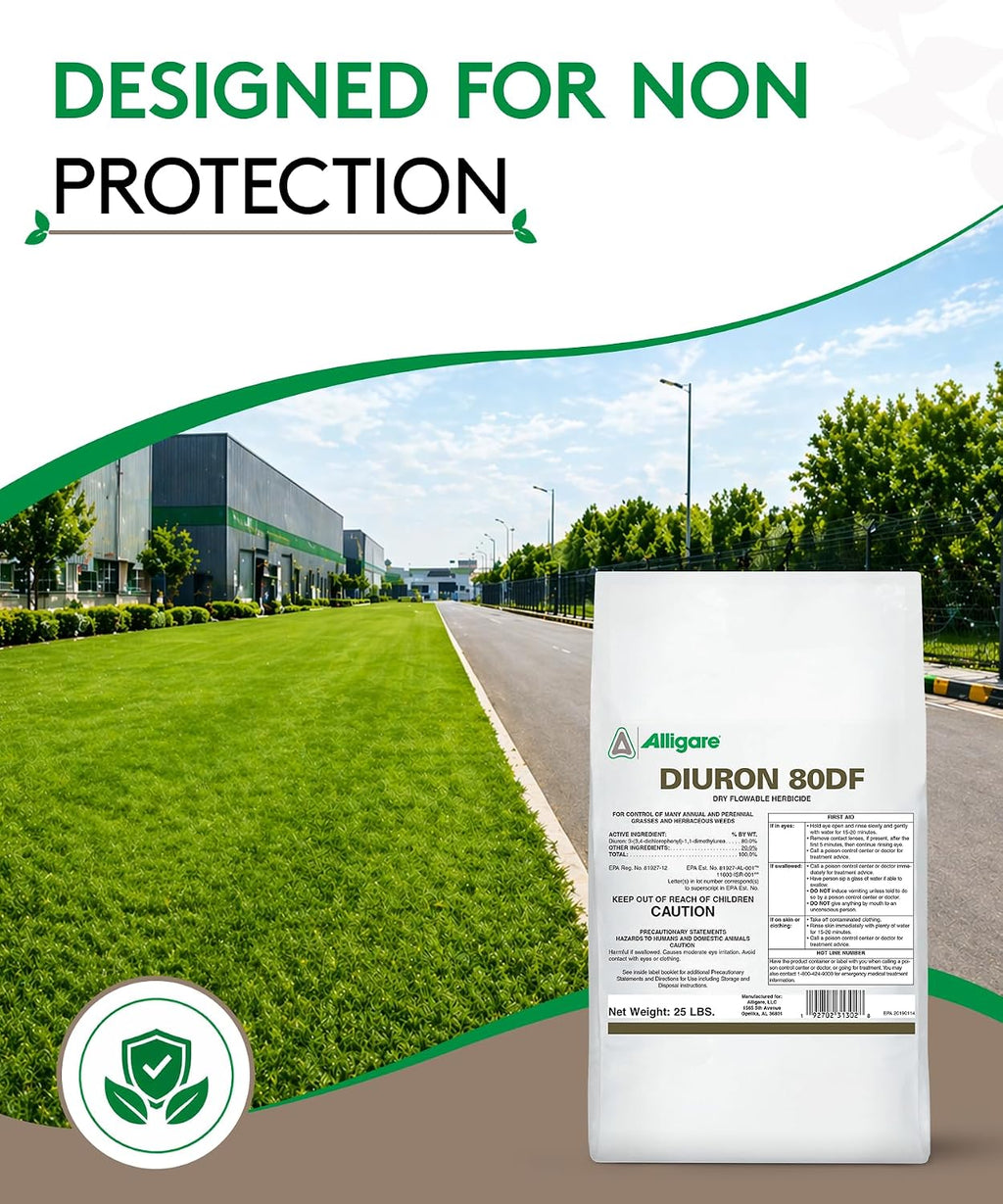 Alligare Diuron 80 DF Herbicide - Pre and Post Emergent Weed Killer for Industrial & Non-Crop Areas - Controls Crabgrass, Ryegrass & Broadleaf Weeds - Dry Granules for Ground Application - 25 lb