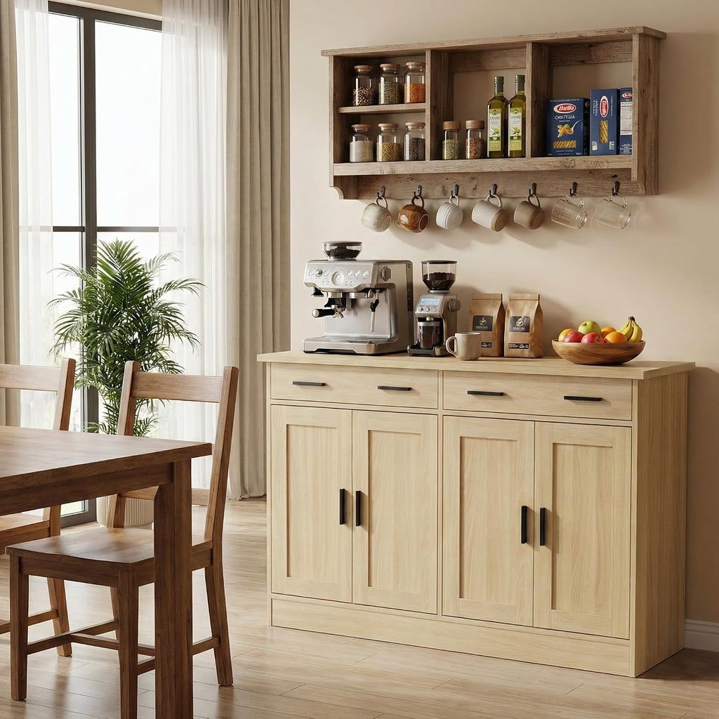 Anystyle 53' Oak Buffet Cabinet with Storage, Kitchen Sideboard Buffet Server with 2 Drawers & 4 Doors, Modern Coffee Bar Cabinet Credenza for Dining Room, Living Room, Hallway