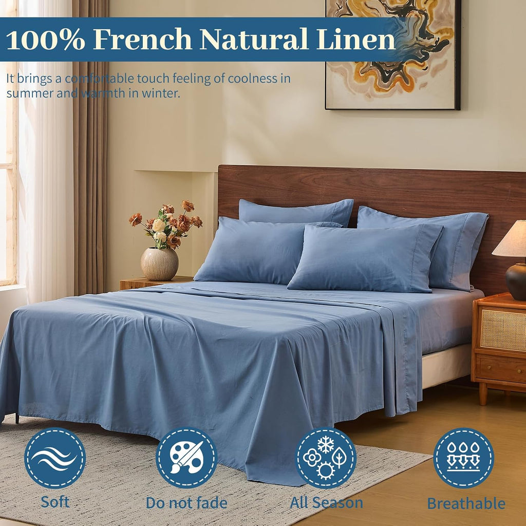 MEISHANG 100% French Pure Linen Sheets King Size - Bed Sheets 4 Piece Sets, Soft Durable Flax Linen, Anti-Tear Breathable Oeko-Tex Certified with 16' Deep Pocket (Dusty Blue)