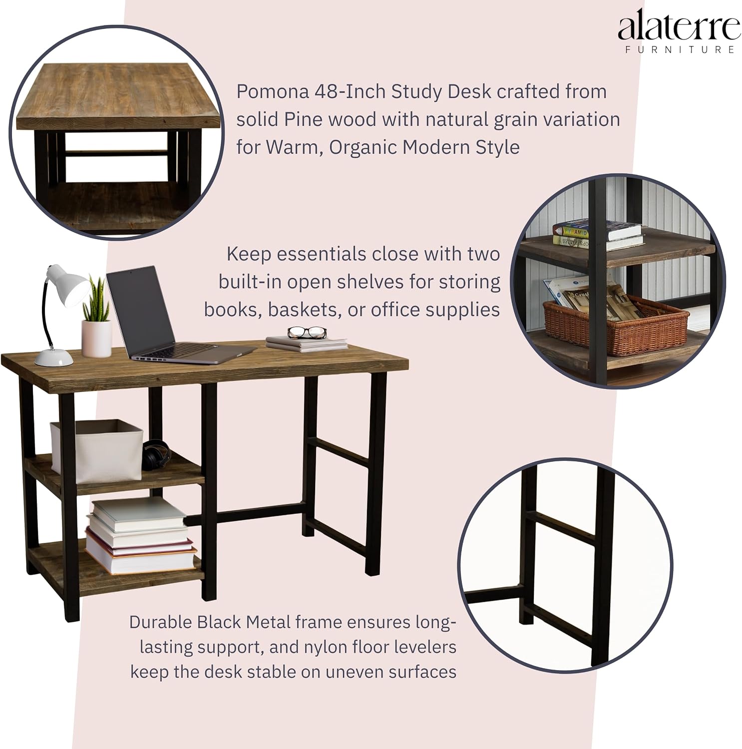 Alaterre Furniture Pomona 48-Inch Industrial Study Desk with Solid Pine Wood Top, 2 Open Shelves, and Metal Frame – Writing Desk with Floor Levelers for Home Office, Bedroom, or Dorm (Natural Finish)