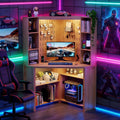 Corner Desk with - LED Reading Light, L-Shaped Computer Desk w/Hutch & Shelves, Home Office Desk w/Charging Station for Work & Study, File Cabinet Storage Bookshelf for Small Space (Natural)