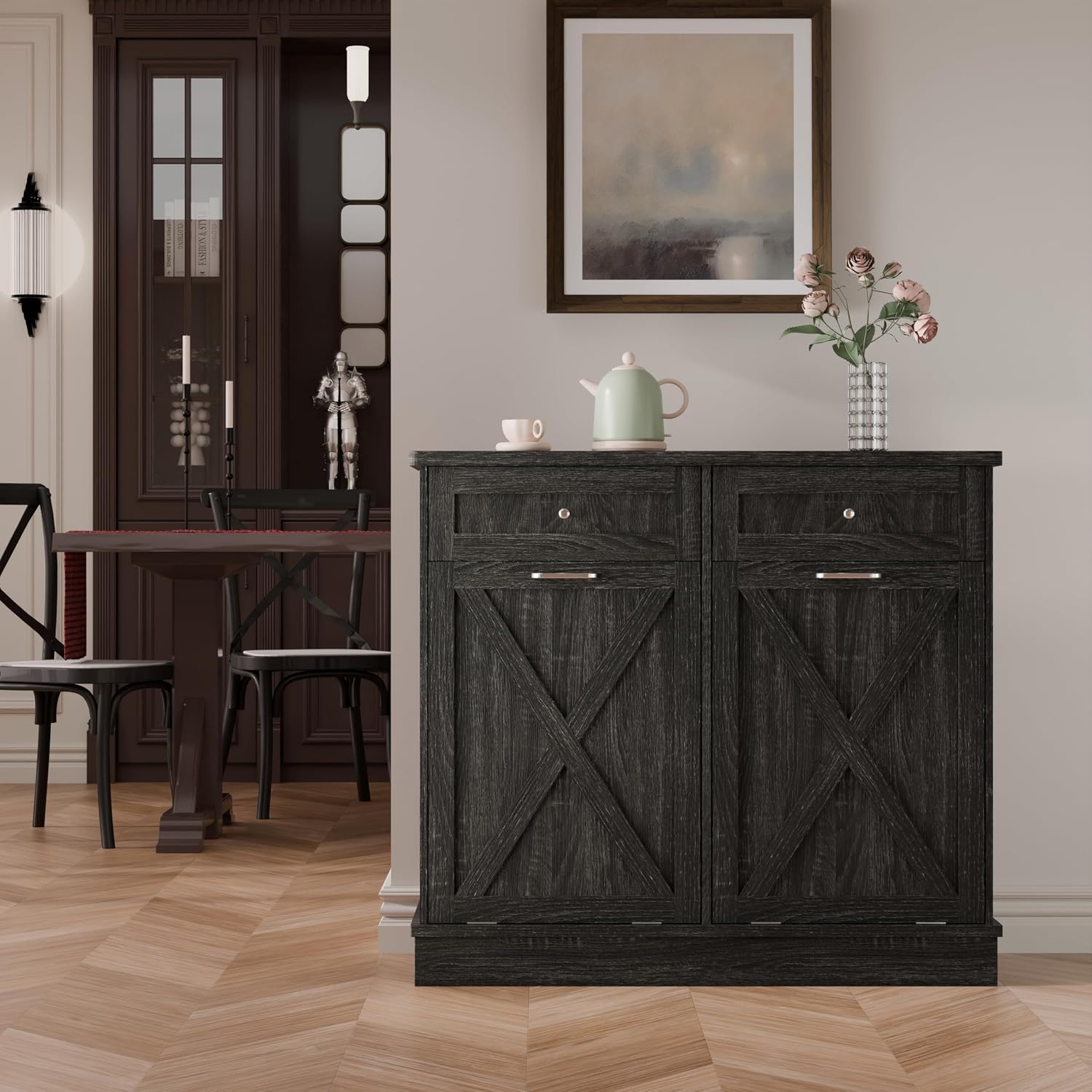 TOLEAD Double Tilt Out Trash Cabinet Free Standing 10 Gallon Wooden Dual Trash Can Cabinet with Barn Door for Farmhouse Kitchen,Living Room, Dining Room, Oak Grey
