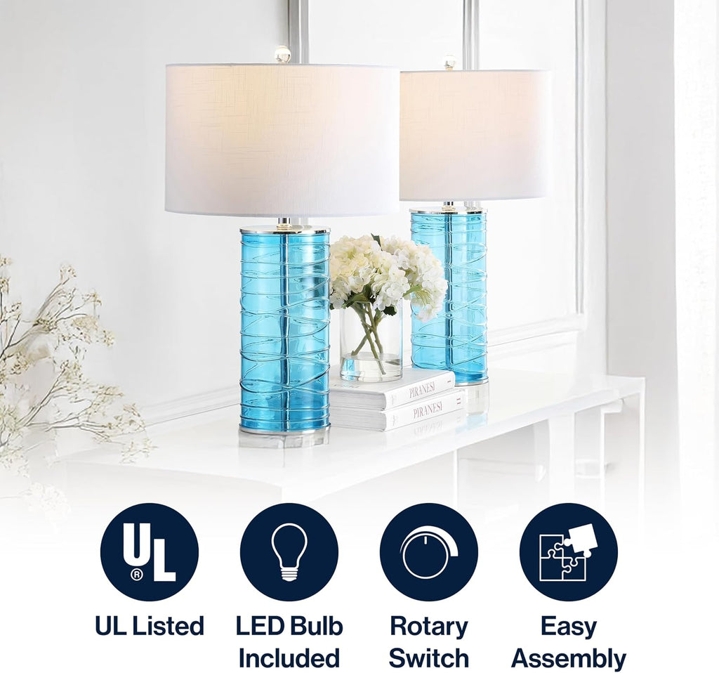 JONATHAN Y 27.5' Turquoise Modern Fused Glass Table Lamp Set of 2 for Bedroom Living Room, Coastal Nightstand Bedside Lamp with White Linen Shade, LED Bulbs Included JYL4016A-SET2