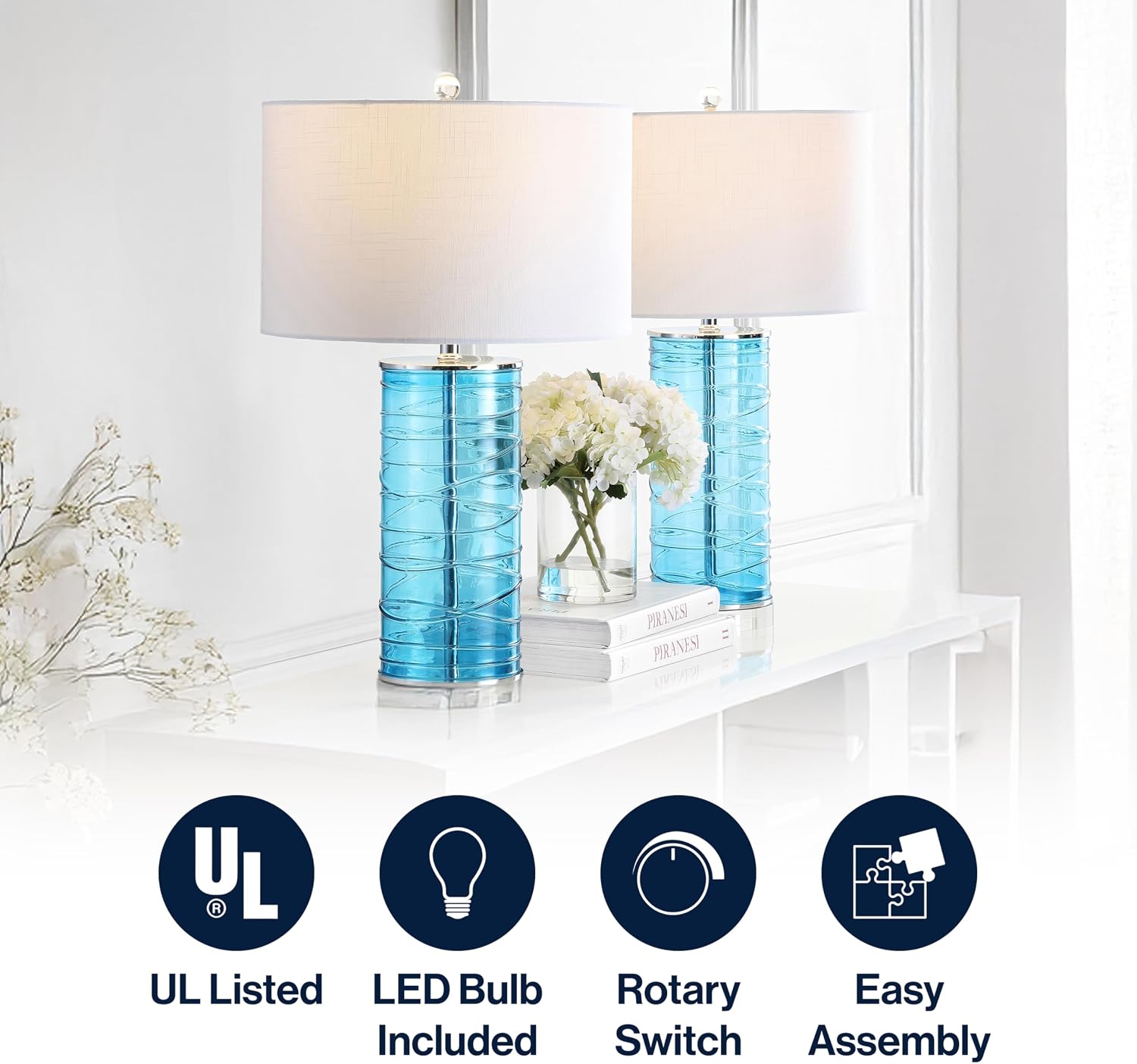 JONATHAN Y 27.5' Turquoise Modern Fused Glass Table Lamp Set of 2 for Bedroom Living Room, Coastal Nightstand Bedside Lamp with White Linen Shade, LED Bulbs Included JYL4016A-SET2