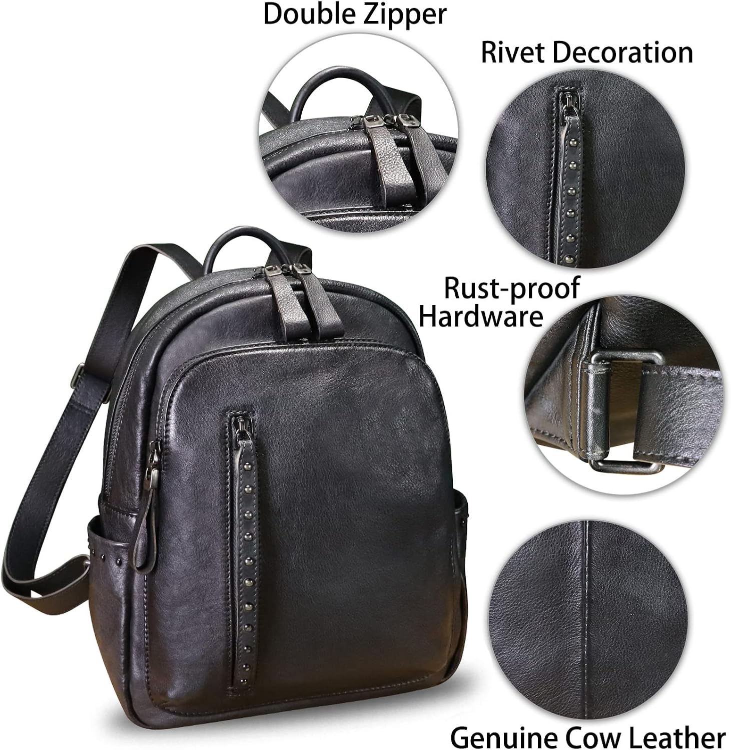 Genuine Leather Backpack Purse for Women Vintage Casual Daypack College Bag Handmade Cowhide Western Rivets Rucksack (Darkgrey)