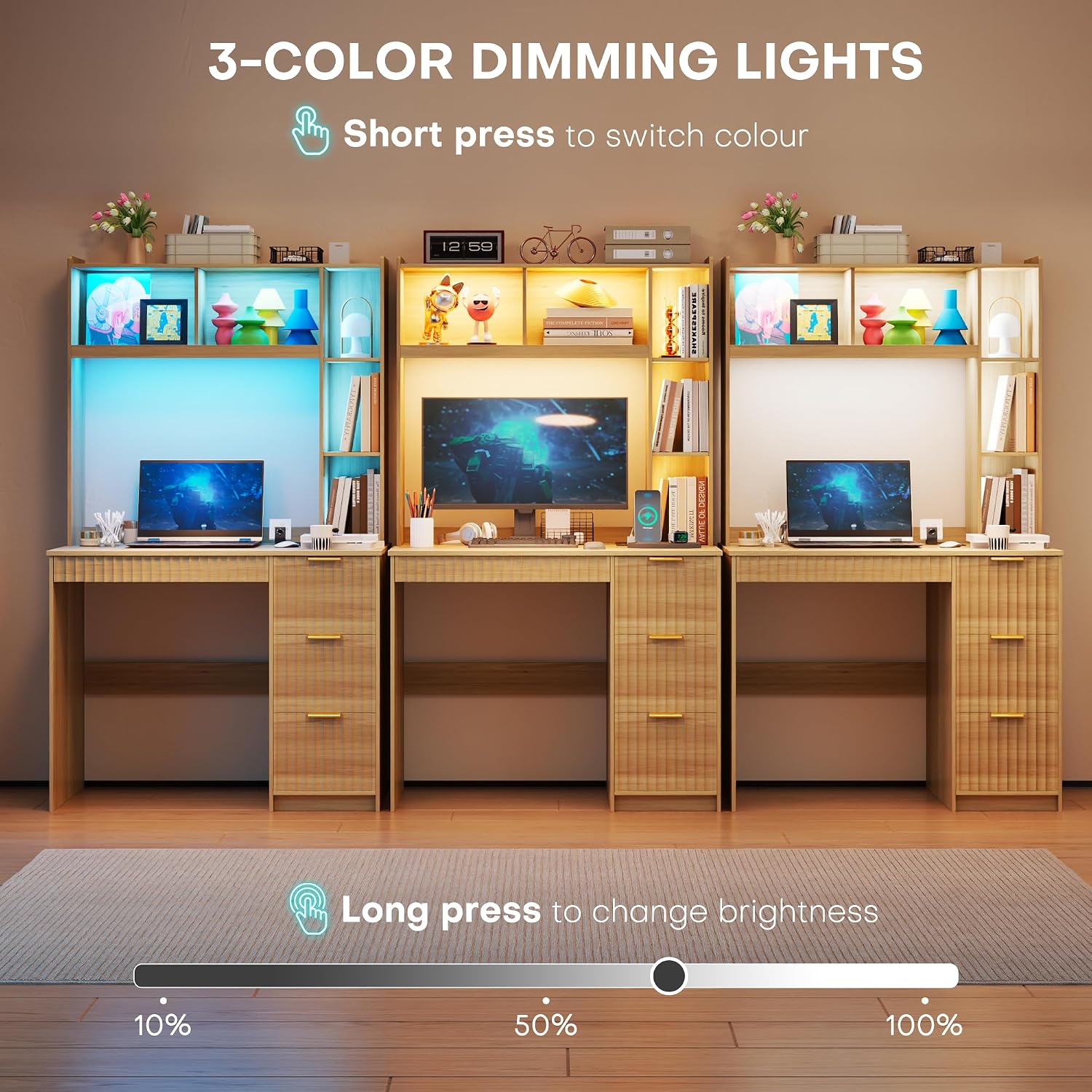 40' W Fluted Study Desk with Hutch and Storage Cabinet, Computer Desk with Power Outlet & LED Lights, Home Office Desk with Card-Based Lock for Study, Bedroom, Living Room, Natural Oak