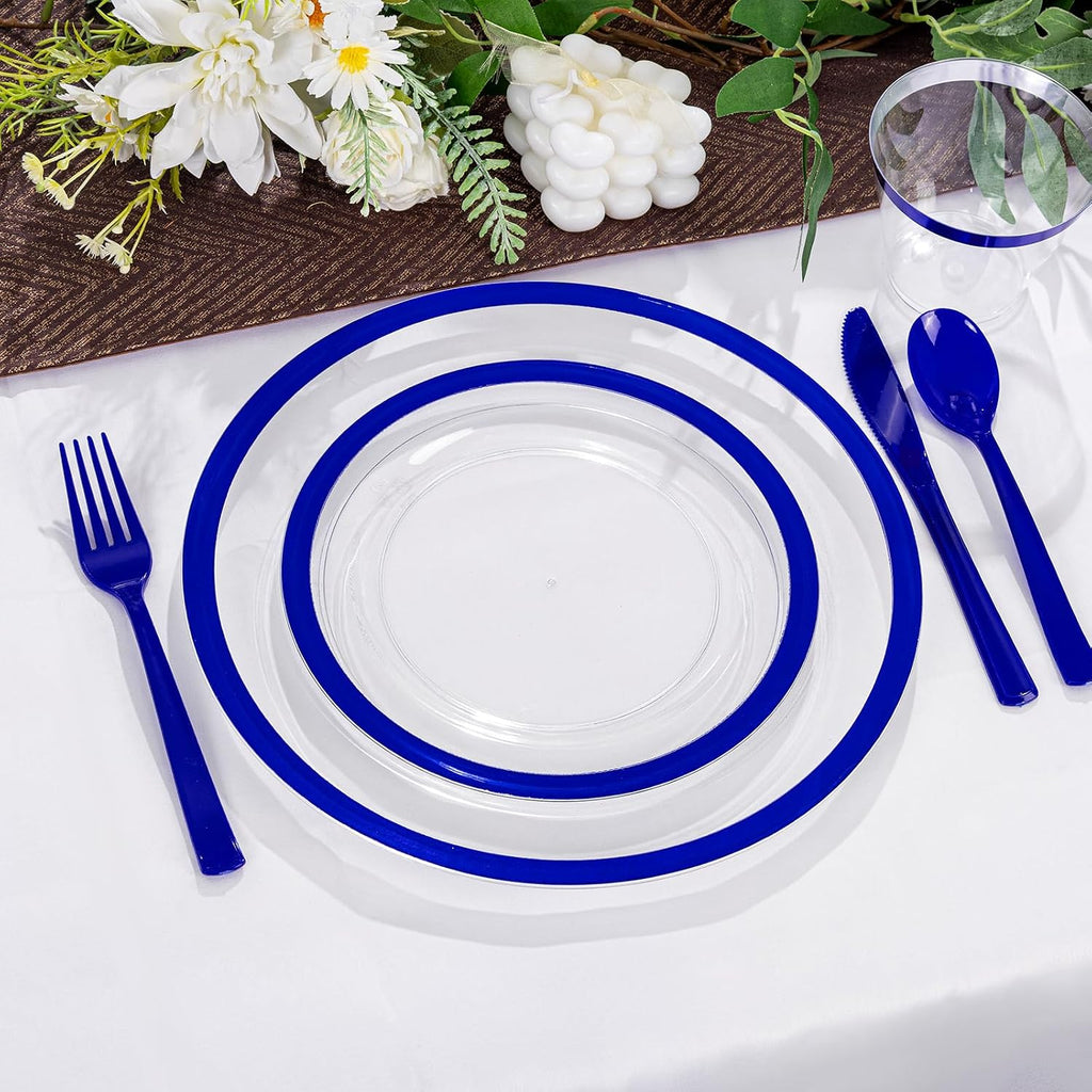 I00000 700 Piece Blue Plastic Dinnerware Set for Party, Clear Disposable Plates for 100 Guests, Include: 100 Dinner Plates, 100 Dessert Plates, 100 Pre Rolled Napkins with Cutlery Set, 100 Cups