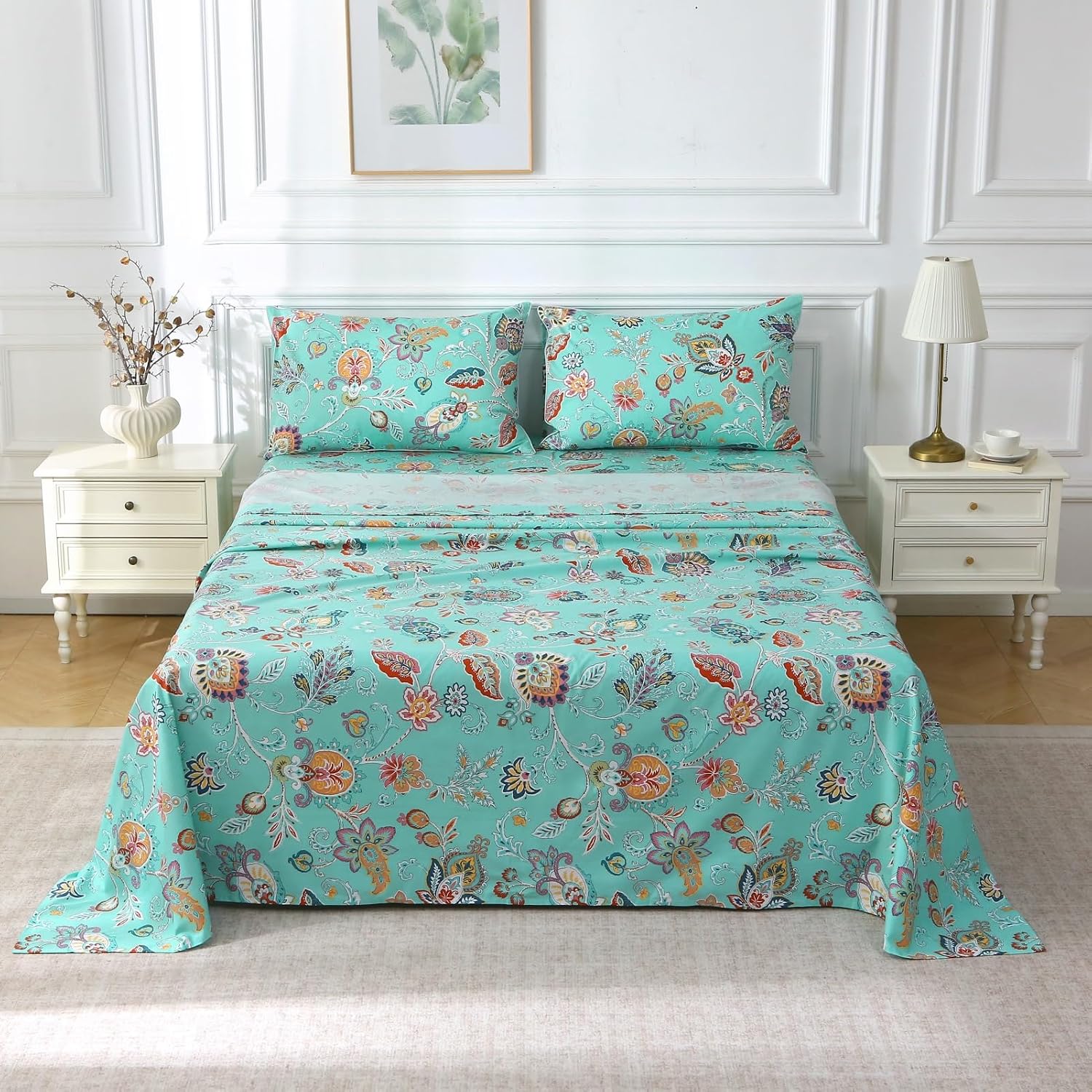 ABREEZE Sheets Set Blue Floral Bedding Rustic Flower Botanical Bed Sheet Set Vintage Farmhouse Bedding 100% Cotton Ultra Soft Breathable Beddings with Deep Pocket Fitted Sheet 4Pcs, King Size