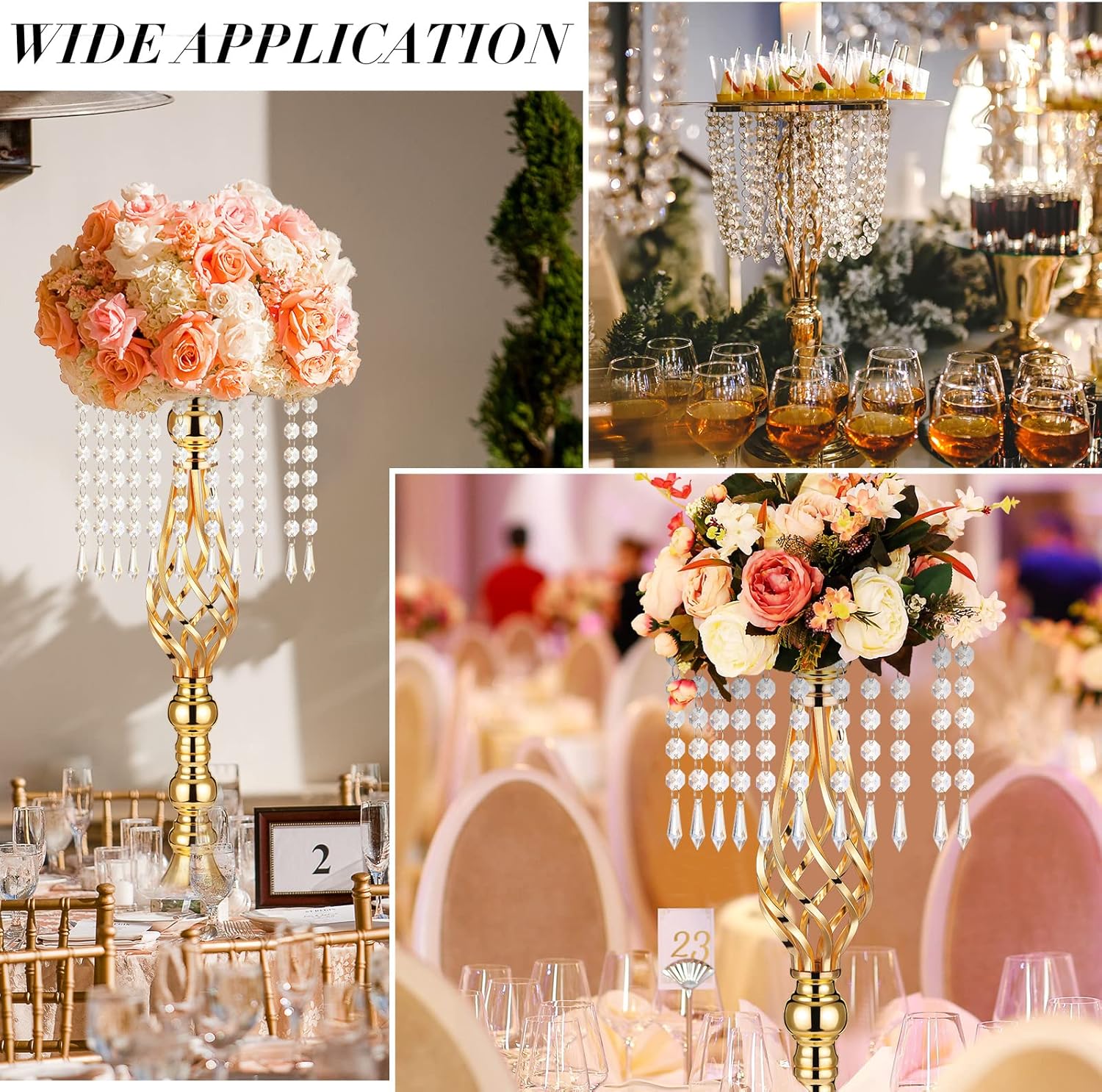 Sieral 15 Pcs Gold Wedding Centerpieces for Table Gold Crystal Flower Stand 19.3 Inch Tall Vase with Chandelier Metal Flower Holders for Wedding Bridal Shower Party Reception Dinner Tabletop Decor