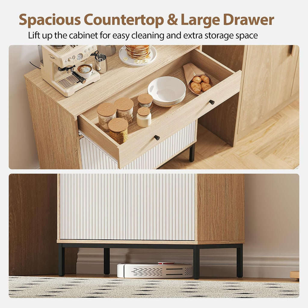 Mericonia Farmhouse Buffet Sideboard Cabinet with Storage, Fluted Coffee Bar with Doors and Adjustable Shelves, Modern Wood Cabinet for Kitchen, Livingroom (Fluted 2 Door, Oak & White)