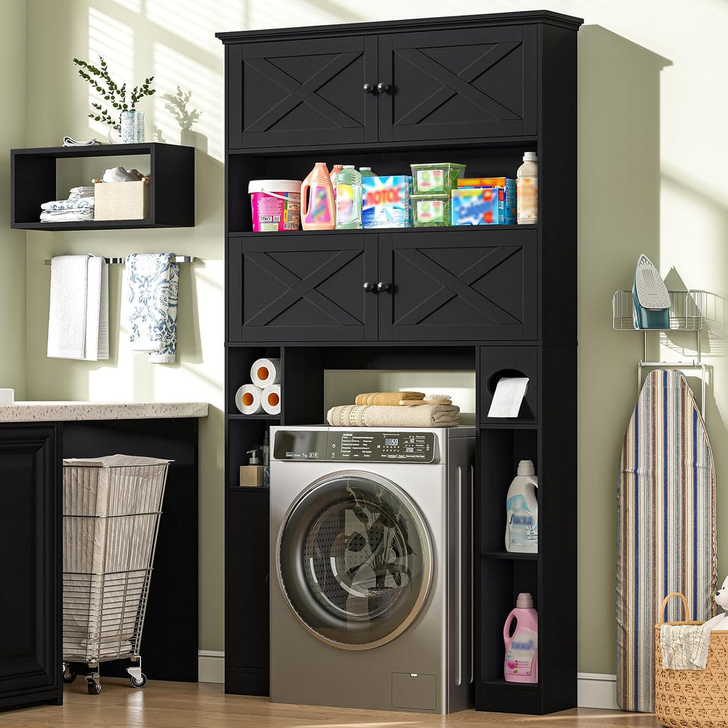 Over The Toilet Storage Cabinet, Farmhouse Storage Over Toilet with 4 Barn Doors & Adjustable Shelf, Space Saving Bathroom Organizer with Toilet Paper Holder Stand for Bathroom, Laundry, Rustic Black