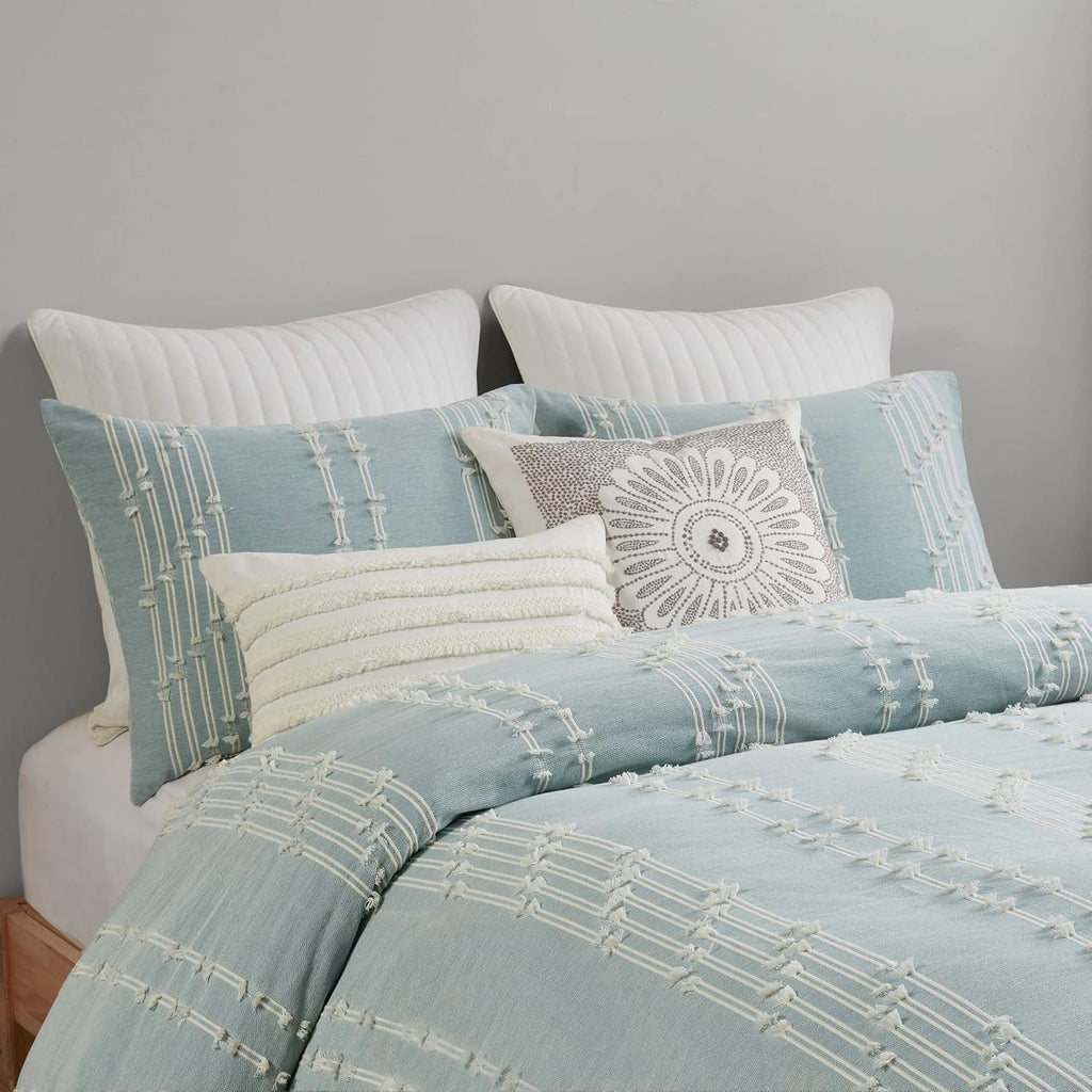 INK+IVY 100% Cotton Comforter Set Trendy Stripe Textured Design, Modern Down Alternative, All Season Cozy Bedding with Matching Shams, Full/Queen, Aqua Reversable Stripes