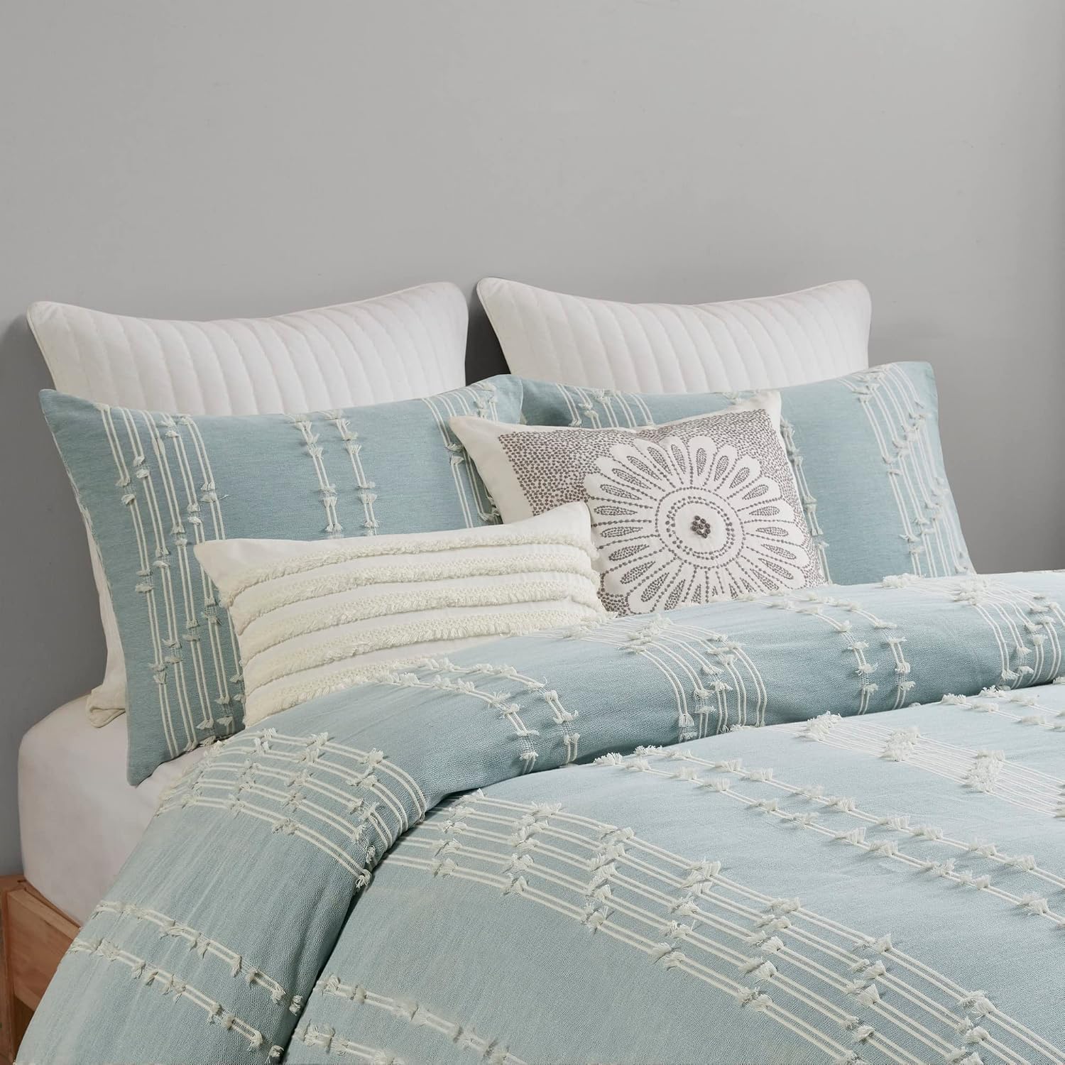 INK+IVY 100% Cotton Comforter Set Trendy Stripe Textured Design, Modern Down Alternative, All Season Cozy Bedding with Matching Shams, Full/Queen, Aqua Reversable Stripes
