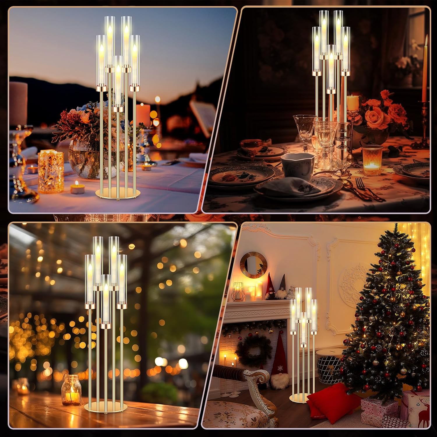 Tandefio 4 Set 5 Arm Gold Candelabra Centerpieces for Table, 35'' Tall Wedding Metal Candlestick Floor Holder Acrylic Clear Lampshades with 20 LED Candles for Wedding Party Event Table Fireplace Decor