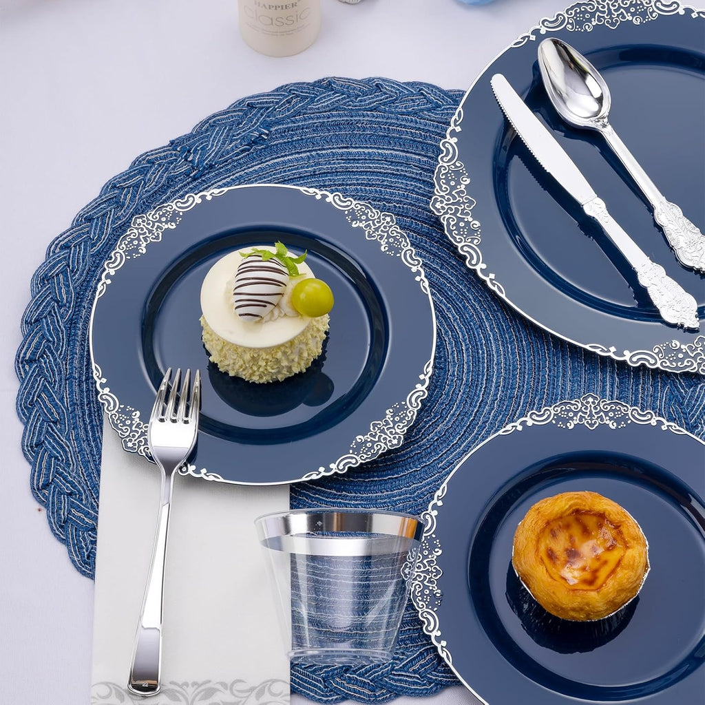 Bestluck 700PCS Navy Blue Plastic Plates for 100 Guests, Disposable Plates with Silver Trim include 100 Dinner plates, 100 Dessert Plates, 100 Gold Silverware, Cups and Napkins for Party, Graduation