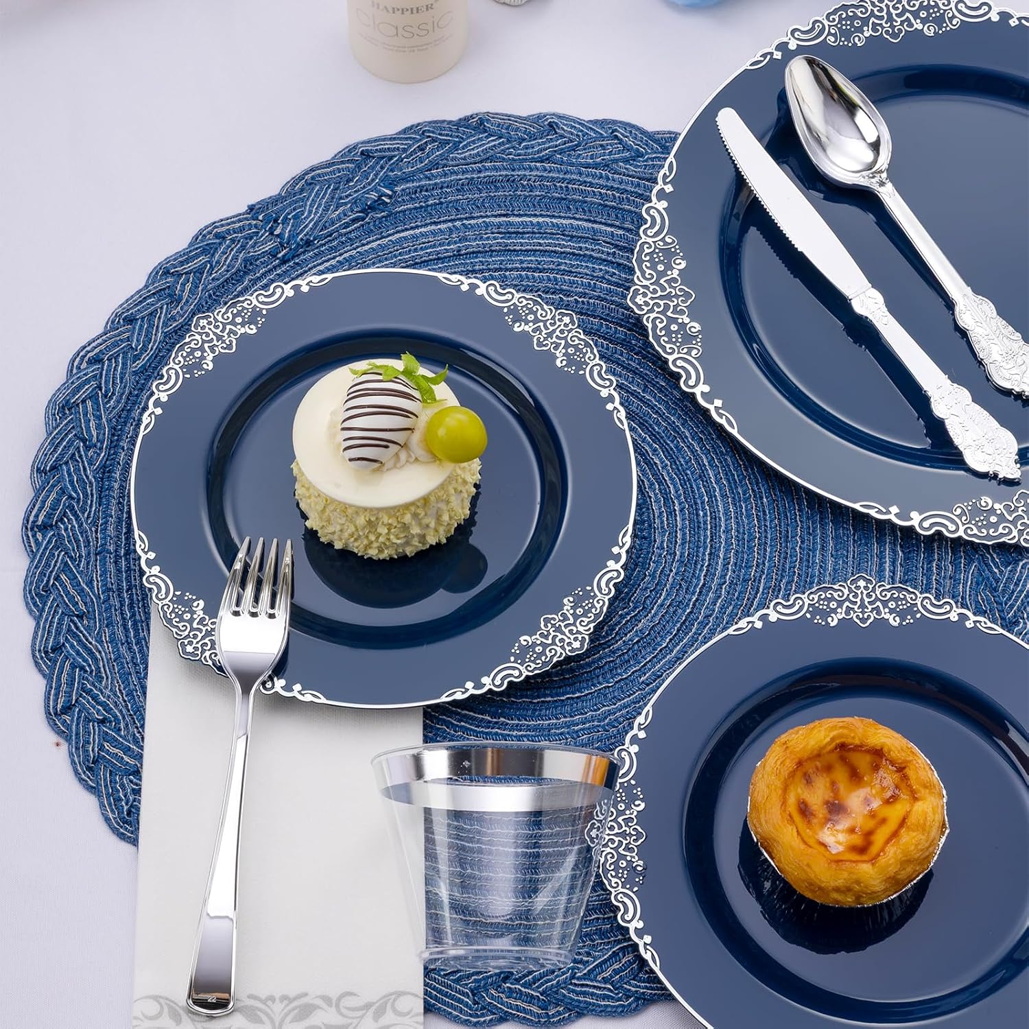 Bestluck 700PCS Navy Blue Plastic Plates for 100 Guests, Disposable Plates with Silver Trim include 100 Dinner plates, 100 Dessert Plates, 100 Gold Silverware, Cups and Napkins for Party, Graduation