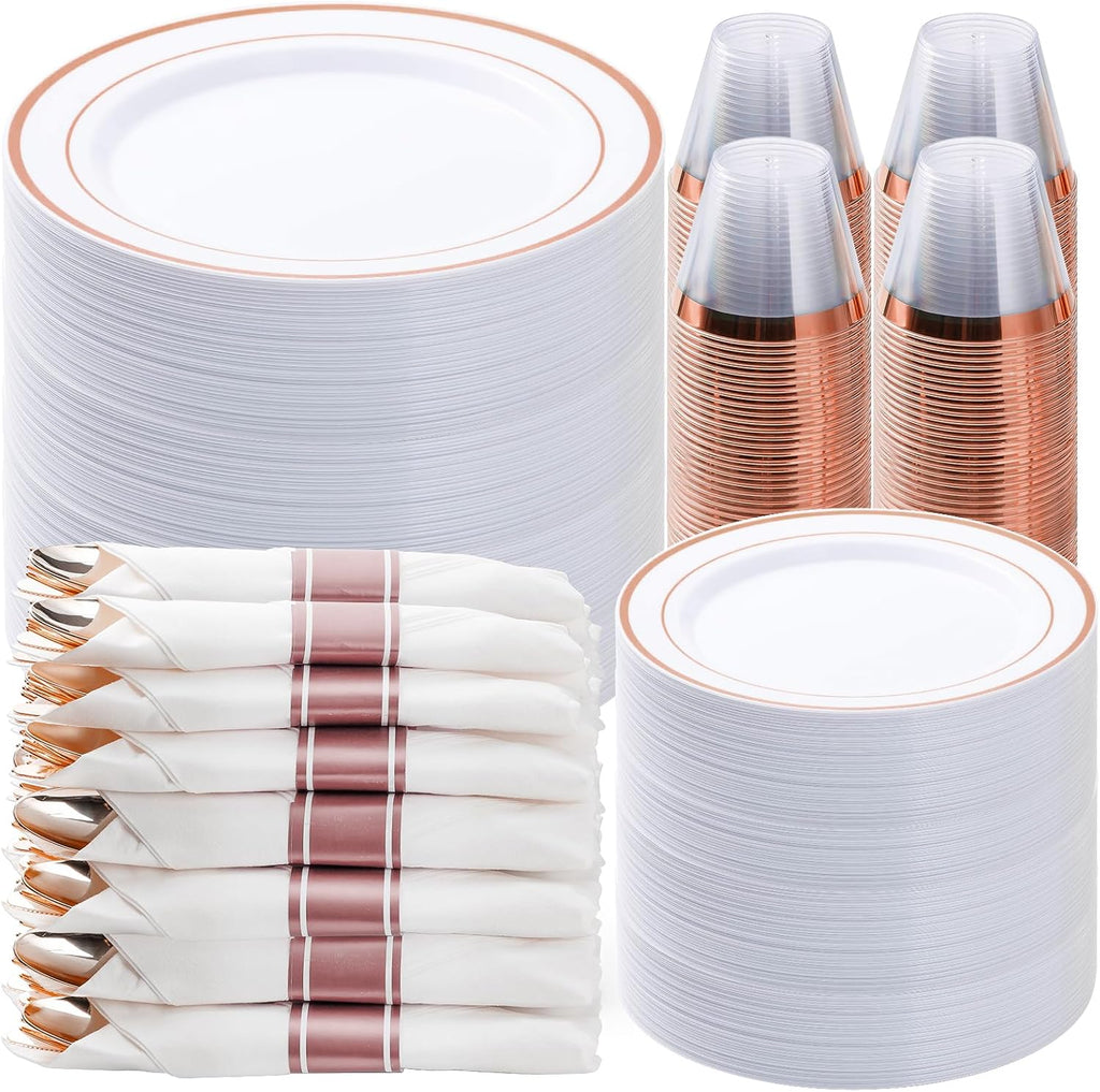 BESTVIP 700PCS Rose Gold Plastic Dinnerware Set, Disposable Party Plates for 100 Guests, Include: 200 Plastic Plates, 100 Pre Rolled Napkins with Rose Gold Silverware, 100 Cups for Christmas