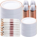 BESTVIP 700PCS Rose Gold Plastic Dinnerware Set, Disposable Party Plates for 100 Guests, Include: 200 Plastic Plates, 100 Pre Rolled Napkins with Rose Gold Silverware, 100 Cups for Christmas