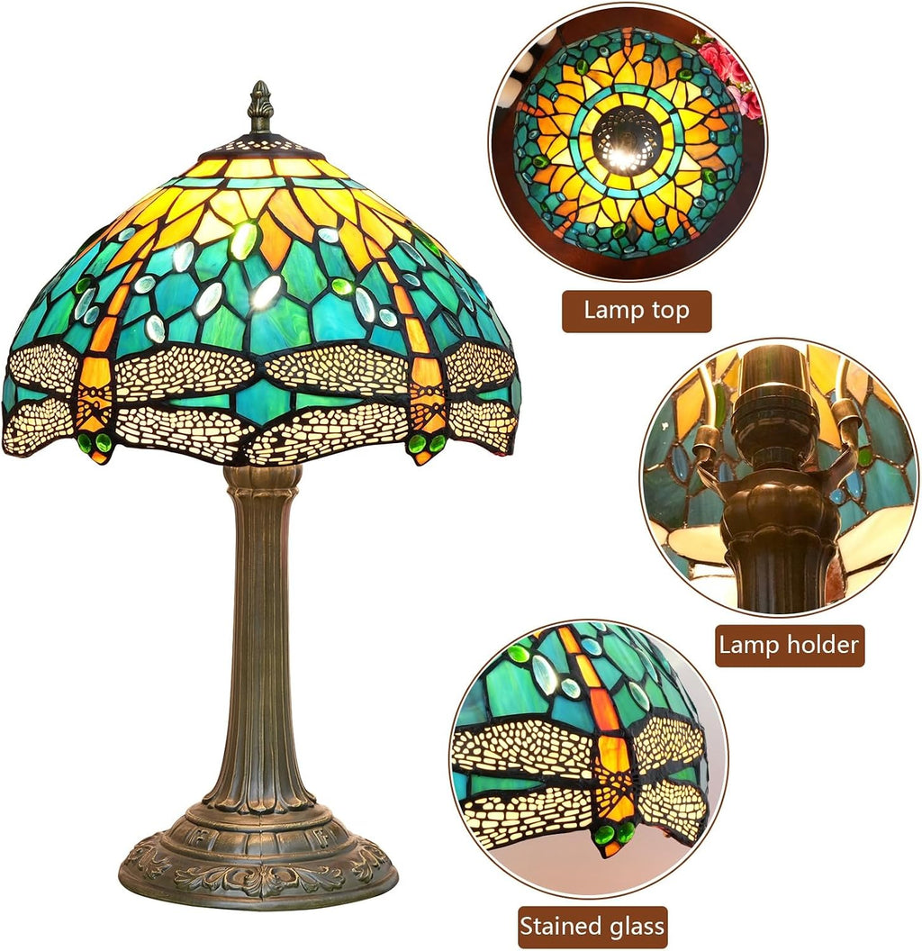 Tiffany Lamp Green Dragonfly Style Stained Glass Lamps Teal Bedroom Bedside Table Lamp for Dorm Office Art Craft Antique Decor Accent Aesthetic Nightstand Retro Metal Reading Lamps 12 inch