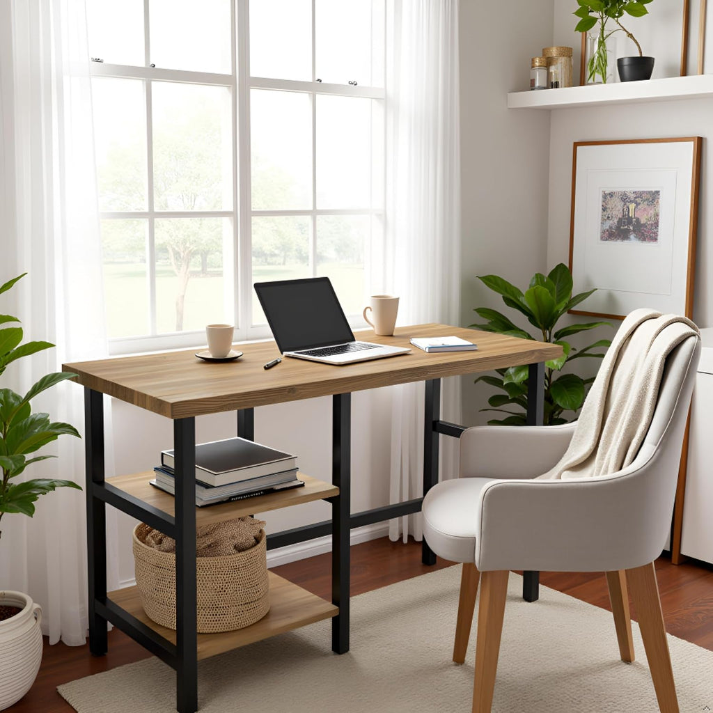 Alaterre Furniture Pomona 48-Inch Industrial Study Desk with Solid Pine Wood Top, 2 Open Shelves, and Metal Frame – Writing Desk with Floor Levelers for Home Office, Bedroom, or Dorm (Natural Finish)