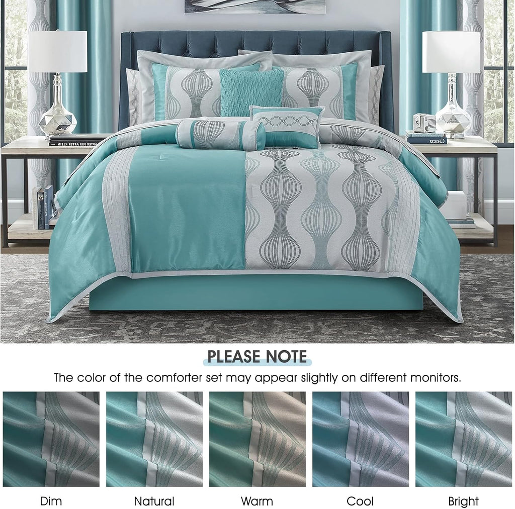 LANCO MODERN LIFESTYLE California King Comforter Set, Blue, 15 Pieces Room in a Bag, Jacquard with Patchwork, Luxury Bed Set with Sheets, Curtains, Bed Skirt, Pillow Shams, Cases and Pillows