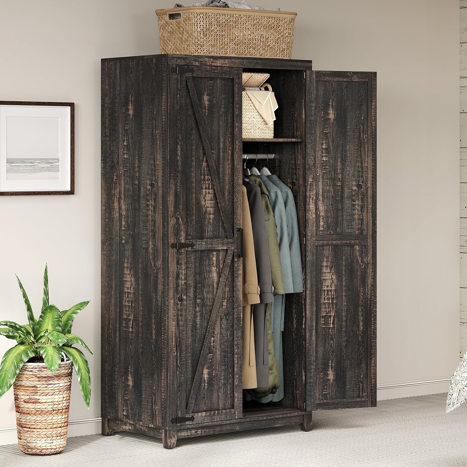 LUXOAK 70' Large Armoire Wardrobe Closet with Hanging Rod, Farmhouse Clothing Storage Cabinet with 2 Barn Doors, Wooden Tall Bedroom Armoires with Shelf, Dark Oak Wood