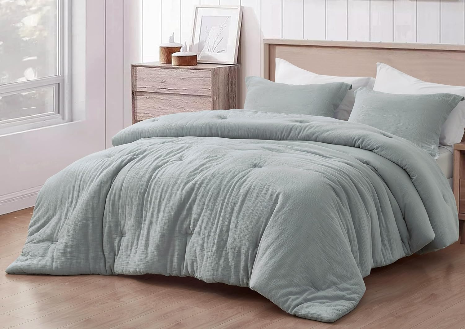 Chezmoi Collection Breeze 3-Piece 100% Cotton Muslin King Comforter Set, Light Blue-Gray Soft Washed Cotton Gauze Comforter, Lightweight Breathable Reversible 240GSM Fill Summer Bedding