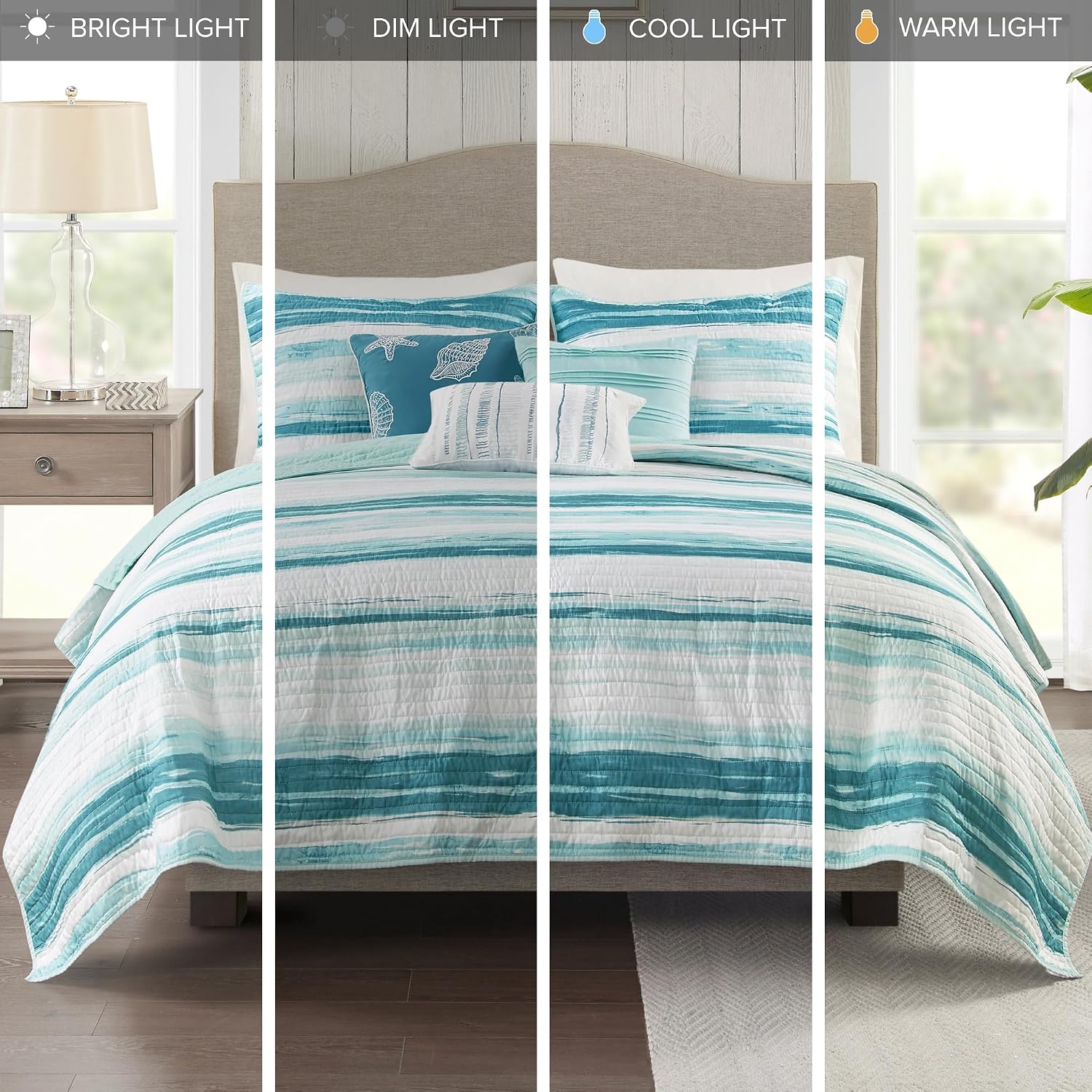 Madison Park Marina Comforter Quilt Combo Set - Modern Luxury Design, All Season Down Alternative Bedding, Matching Shams, Decorative Pillows, King/Cal King(104'x92'), Aqua 8 Piece