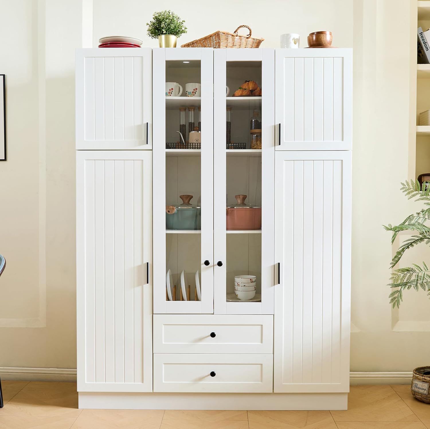 Modern Large Kitchen Pantry with 6 Doors, 53.2''Lx17.7''W Wood Storage Cabinet Cupboard with Drawers, Adjustable Shelves, Pull-Out Trays and Wine Rack for Dining Room (White-4.19)