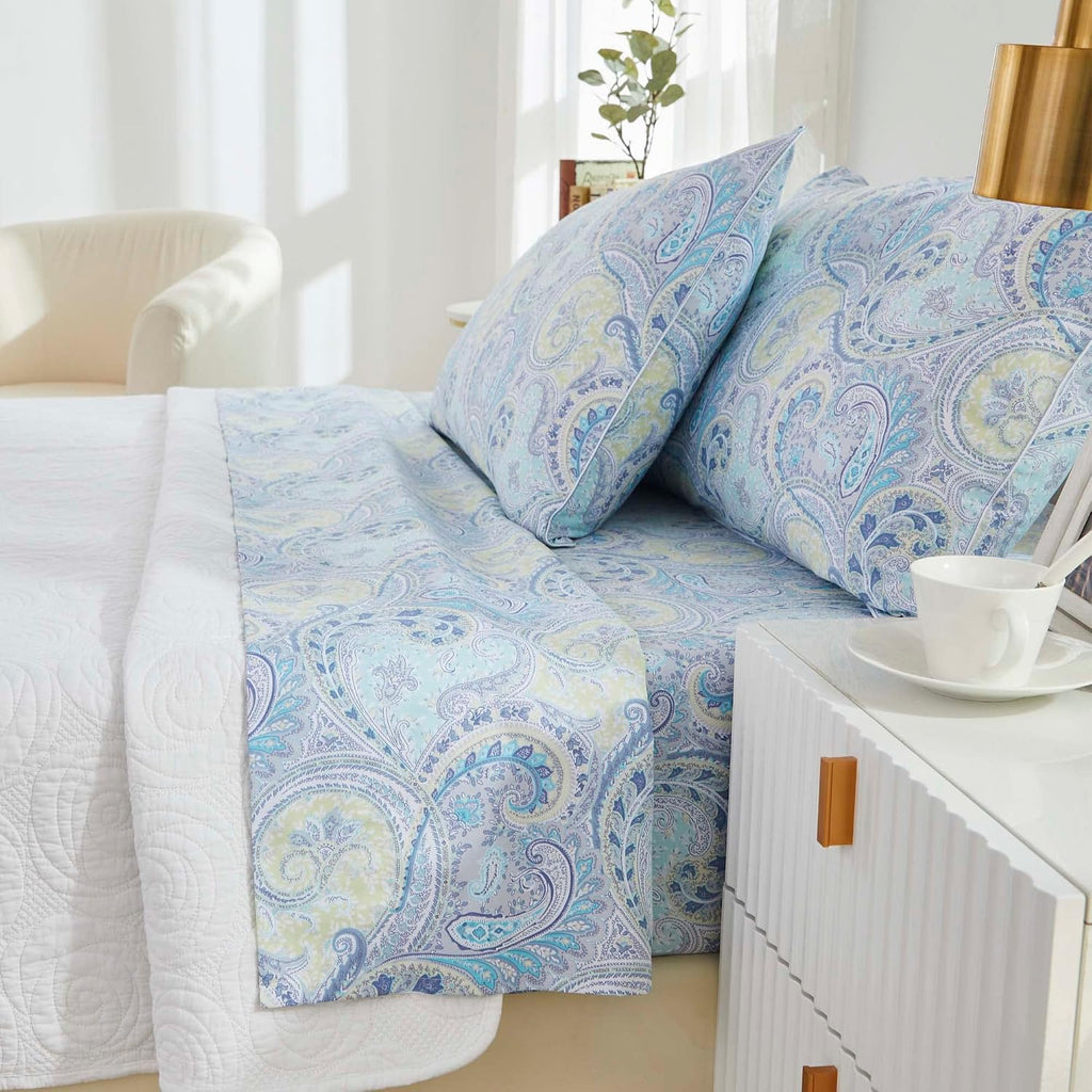 Brandream Paisley Queen Size Sheet Set Luxury Floral Boho Bohemian Medallio Bedding Collections 800 Thread Count 100% Egyptian Cotton Deep Pocket, 4 Piece, Blue