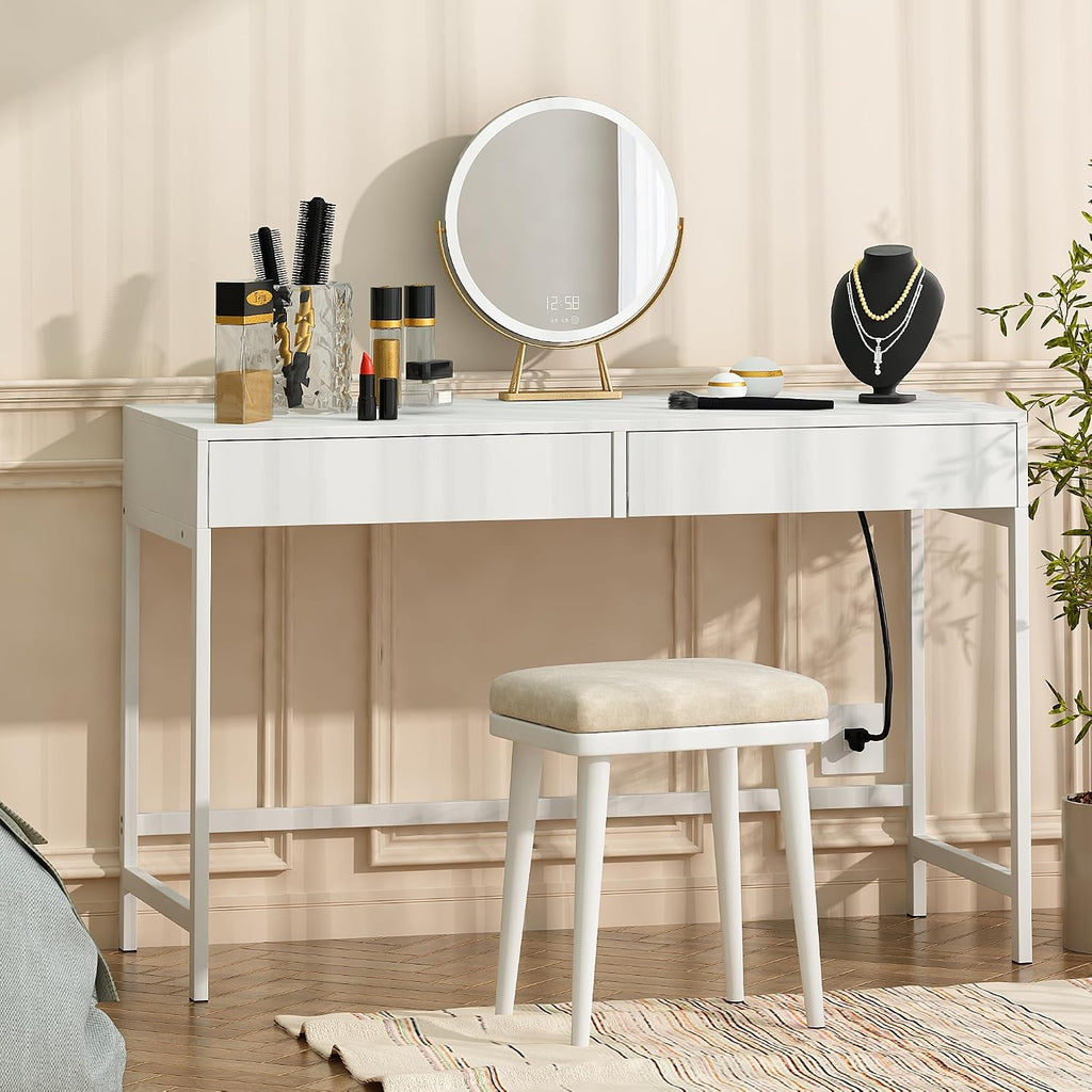 Treocho White Desk with USB Charging Ports and Power Outlets, Modern Simple 47 inch Computer Desk with 2 Drawers, Vanity Table, Makeup Table for Home Office, Bedroom