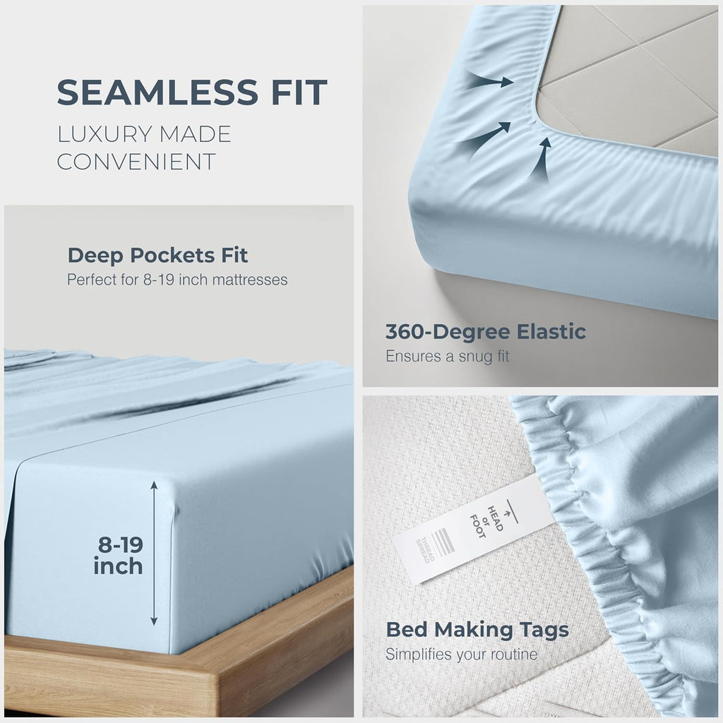 THREAD SPREAD 100% Egyptian Cotton King Size Sheets Set - Luxury 1500 Series Egyptian Cotton Sheets King Size (4 PC, Light Blue), Silky Soft, Sateen, Cooling & Breathable, 17' Deep Pocket Bed Set