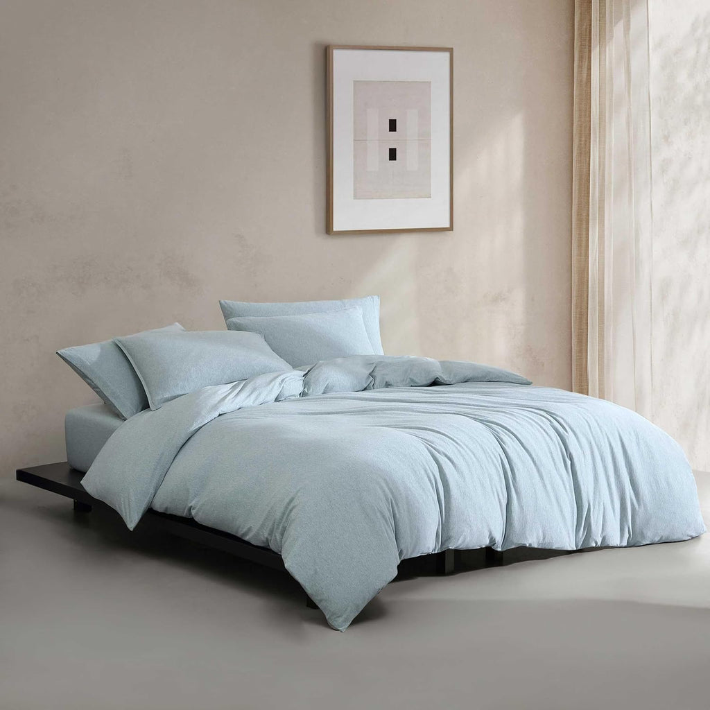 Calvin Klein - Queen Comforter Set, Naturally Soft Cotton Cotton Melange Jersey Bedding with Matching Pillowcases, 3 Piece Bed Set (Modern Cotton Melange Blue)