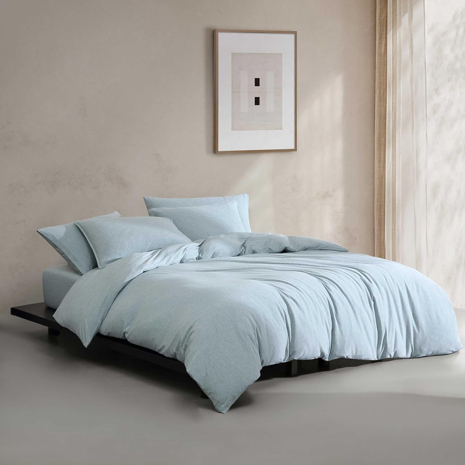 Calvin Klein - Queen Comforter Set, Naturally Soft Cotton Cotton Melange Jersey Bedding with Matching Pillowcases, 3 Piece Bed Set (Modern Cotton Melange Blue)