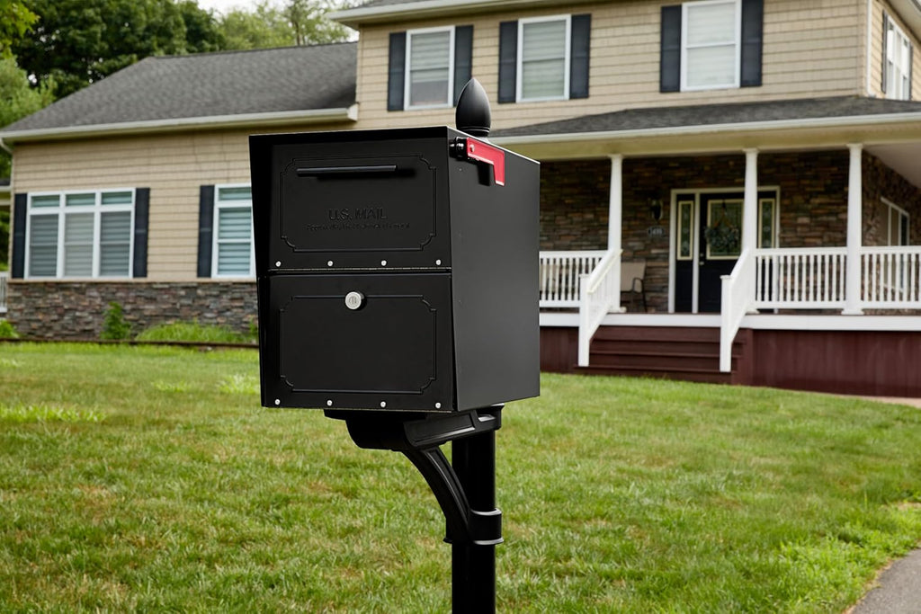 Architectural Mailboxes Oasis® TriBolt™ Secure, Anti-Pry Locking USPS Approved Heavy duty, Steel Metal Post Mount Mail Box for outside, Black Extra Large Curbside Mailbox with Magnet & Waterproof Door