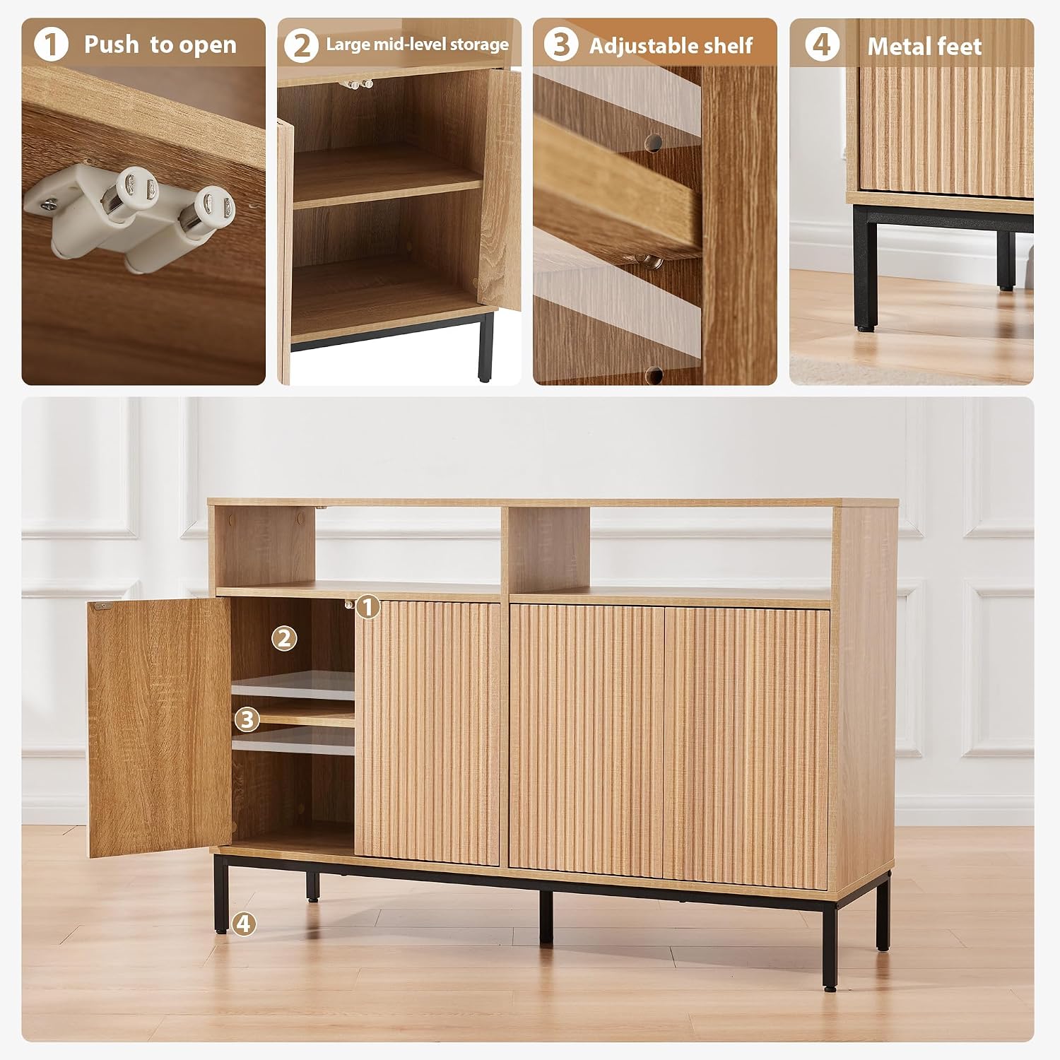 46 inch Sideboard Buffet Cabinet with Open Storage Shelf, Modern Fluted Credenza with 4 Doors and Adjustable Shelf, Large Coffee Bar Storage for Kitchen, Entryway