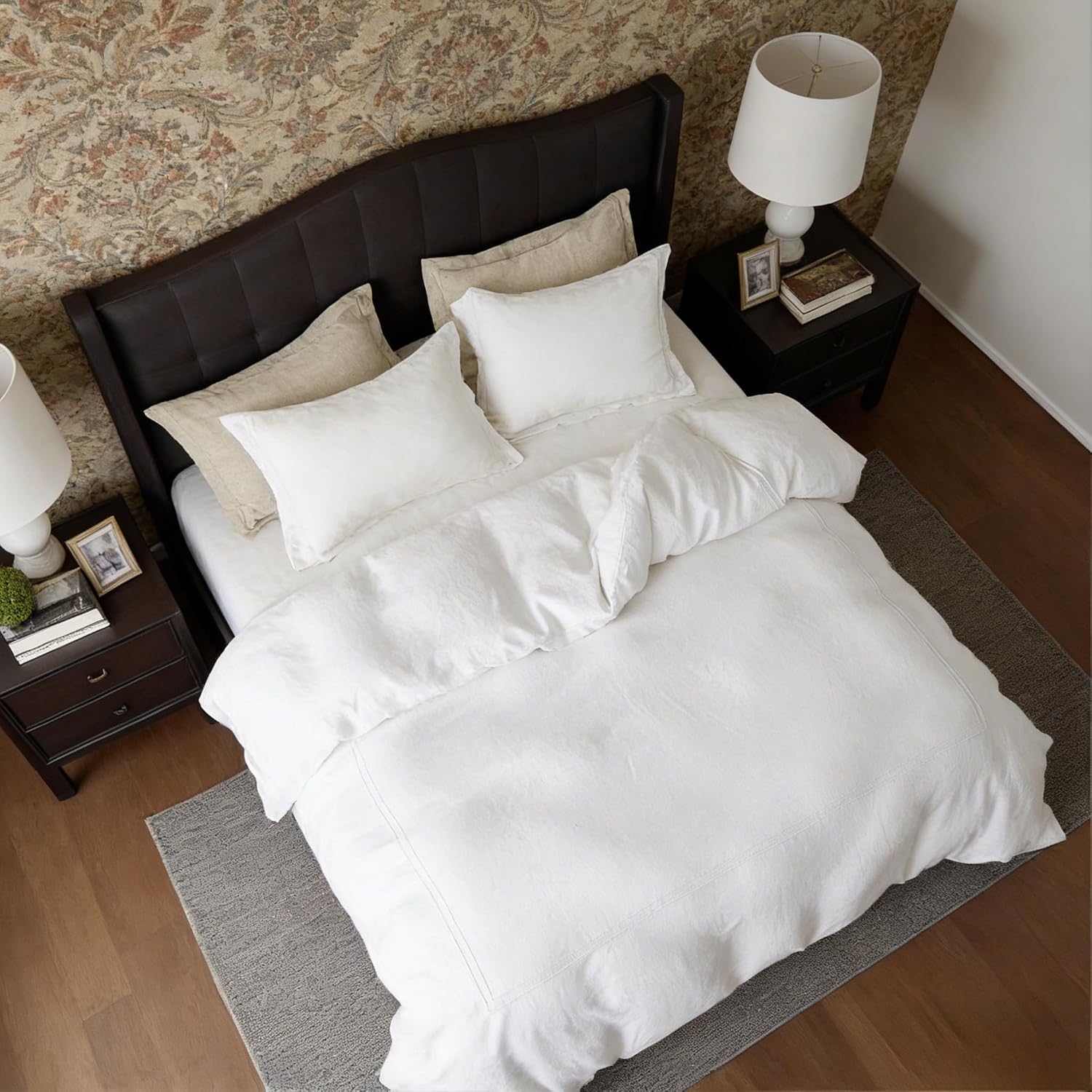 Simple&Opulence 100% Washed Linen Duvet Cover Set 88'x92' - 3 Pieces Soft Farmhouse Comforter Cover Set Double Embroidered with Button Closure - 1 Duvet Cover and 2 Pillowshams (White, Queen)