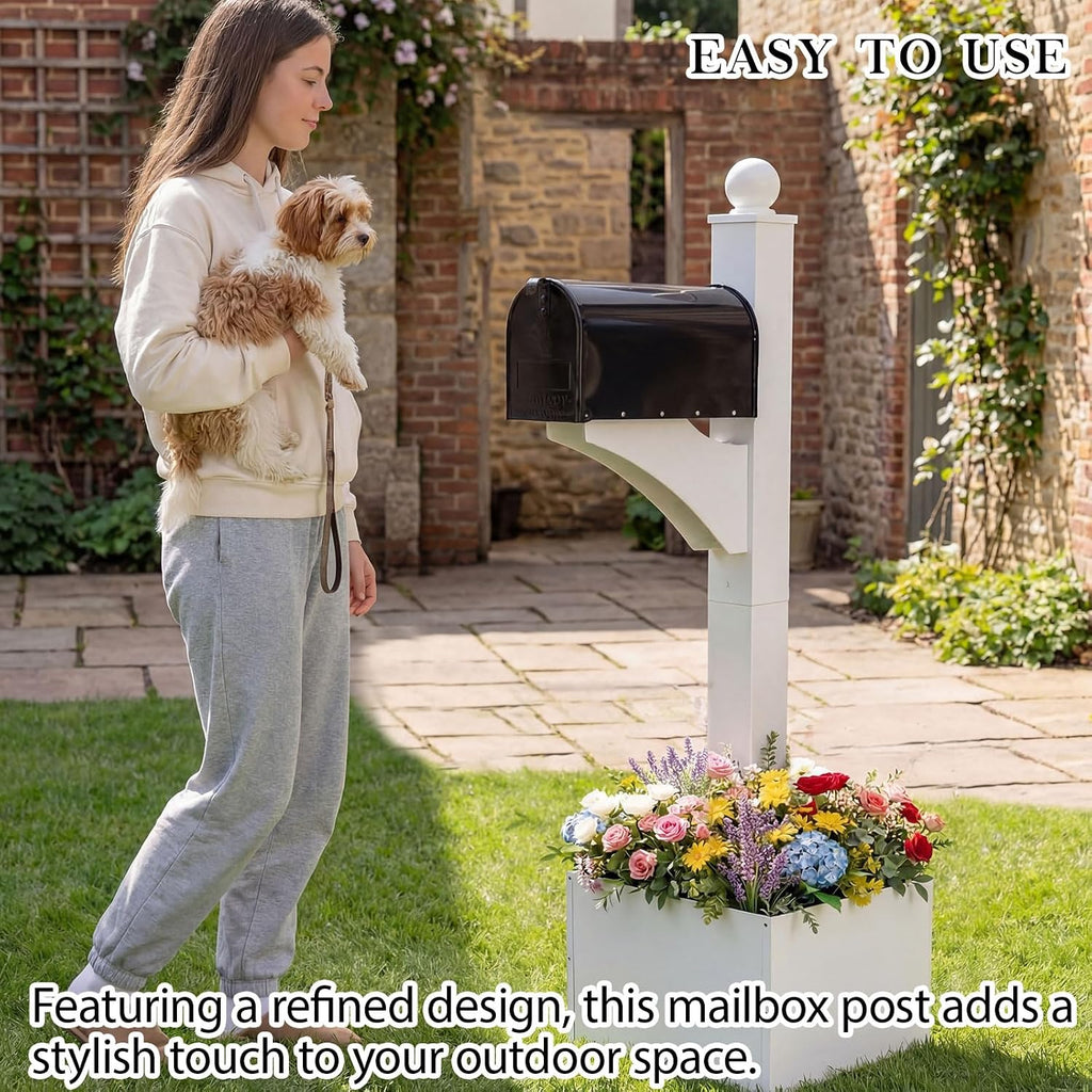 Colingmill 1 Set Iron Mailbox Posts with Planter Box for Outside 56 Inch / 4.6 ft Tall Decorative Mount with Flower Box Heavy Duty Architectural Post(White)