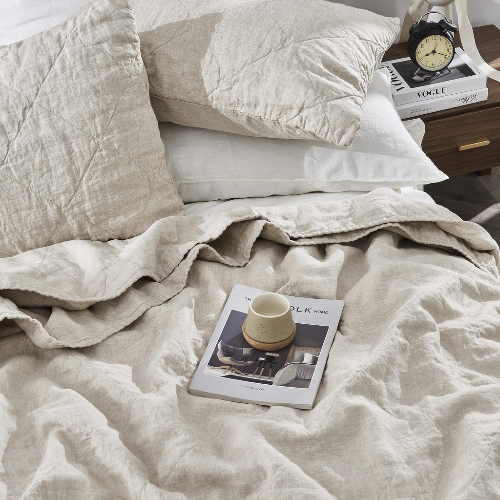 S VICTORY SYMBOL Linen Quilt Set Queen Size-3 Piece Bedding Quilt Coverlets,All Seasons Bedspreads,100% French Linen Shell and Viscoses from Bamboo Filling Quilted Coverlet(Includes 1 Quilt,2 Shams)