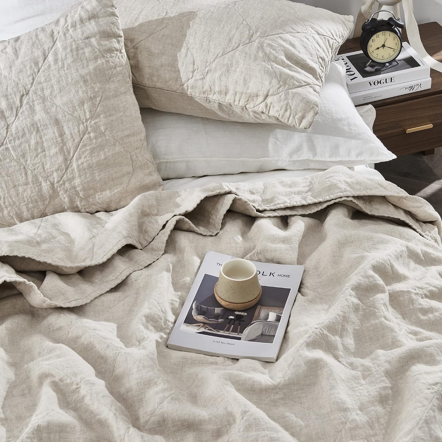 S VICTORY SYMBOL Linen Quilt Set Queen Size-3 Piece Bedding Quilt Coverlets,All Seasons Bedspreads,100% French Linen Shell and Viscoses from Bamboo Filling Quilted Coverlet(Includes 1 Quilt,2 Shams)