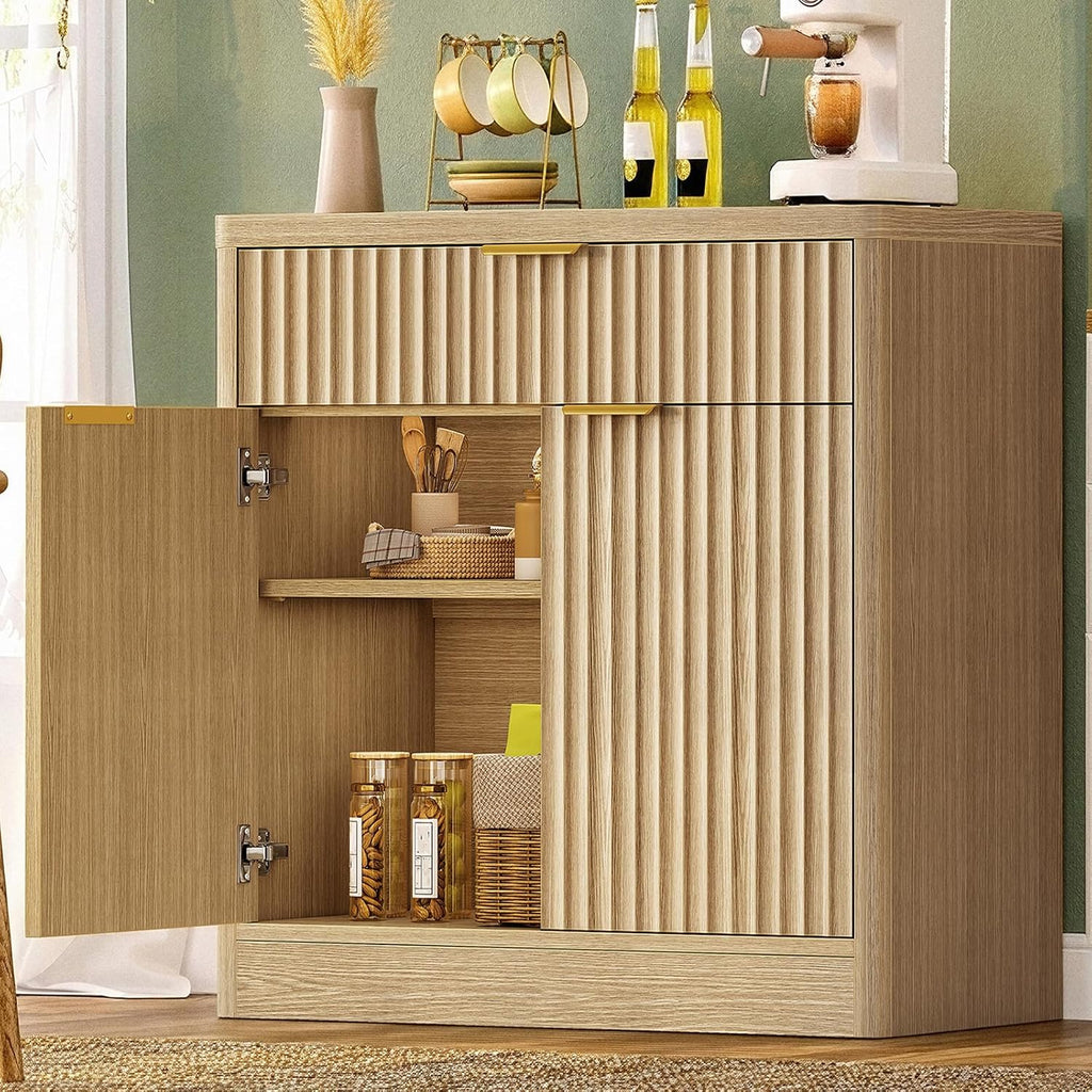 TEENFON 31.5' W Storage Cabinet with Drawer and Adjustable Shelf, Coffee Bar Cabinet, Fluted Sideboard Buffet Cabinet with 2 Doors for Living Room, Kitchen, Entryway, Natural