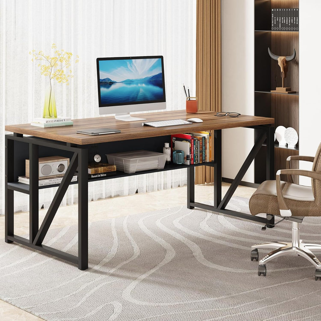 Tribesigns 55 inches Simple Computer Desk,Home Office Desk Writing Table for Workstation,Dark Walnut + Steel Leg， Cabinet not Included (Walnut, 55-inch)