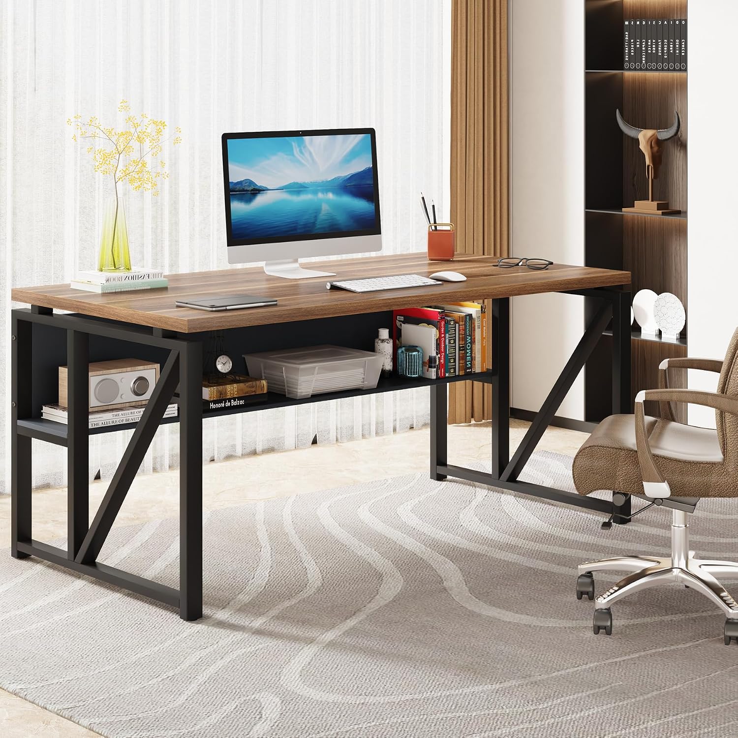 Tribesigns 55 inches Simple Computer Desk,Home Office Desk Writing Table for Workstation,Dark Walnut + Steel Leg， Cabinet not Included (Walnut, 55-inch)