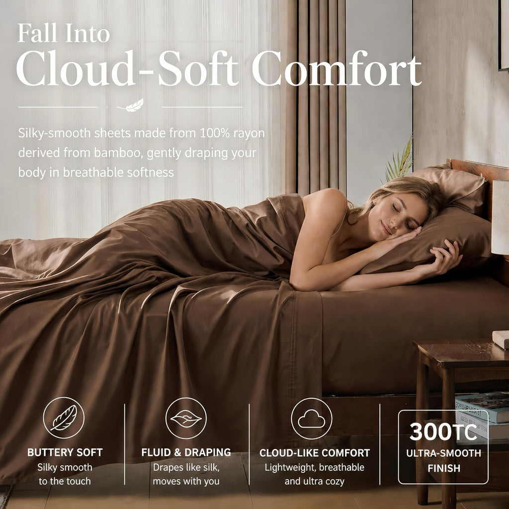 GOKOTTA Queen Sheet Set 4 Pcs,100% Rayon Derived from Bamboo Sheets,Cooling Sheets Queen for Hot Sleepers,16 Inch Deep Pocket Queen Size Bed Sheets with Elastic Corner Straps,Silky Soft - Cocoa Brown